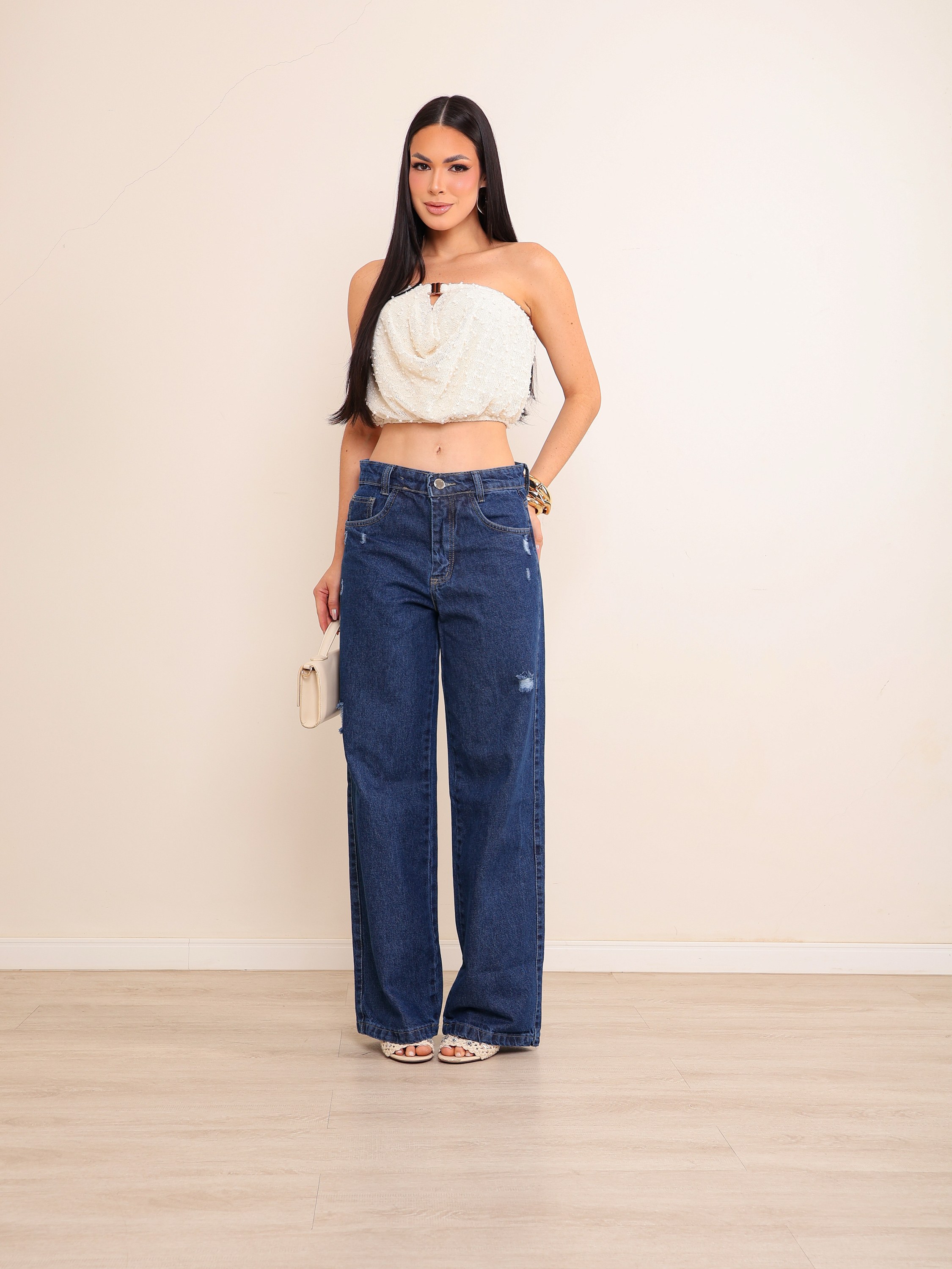 Calça wide leg jeans feminina