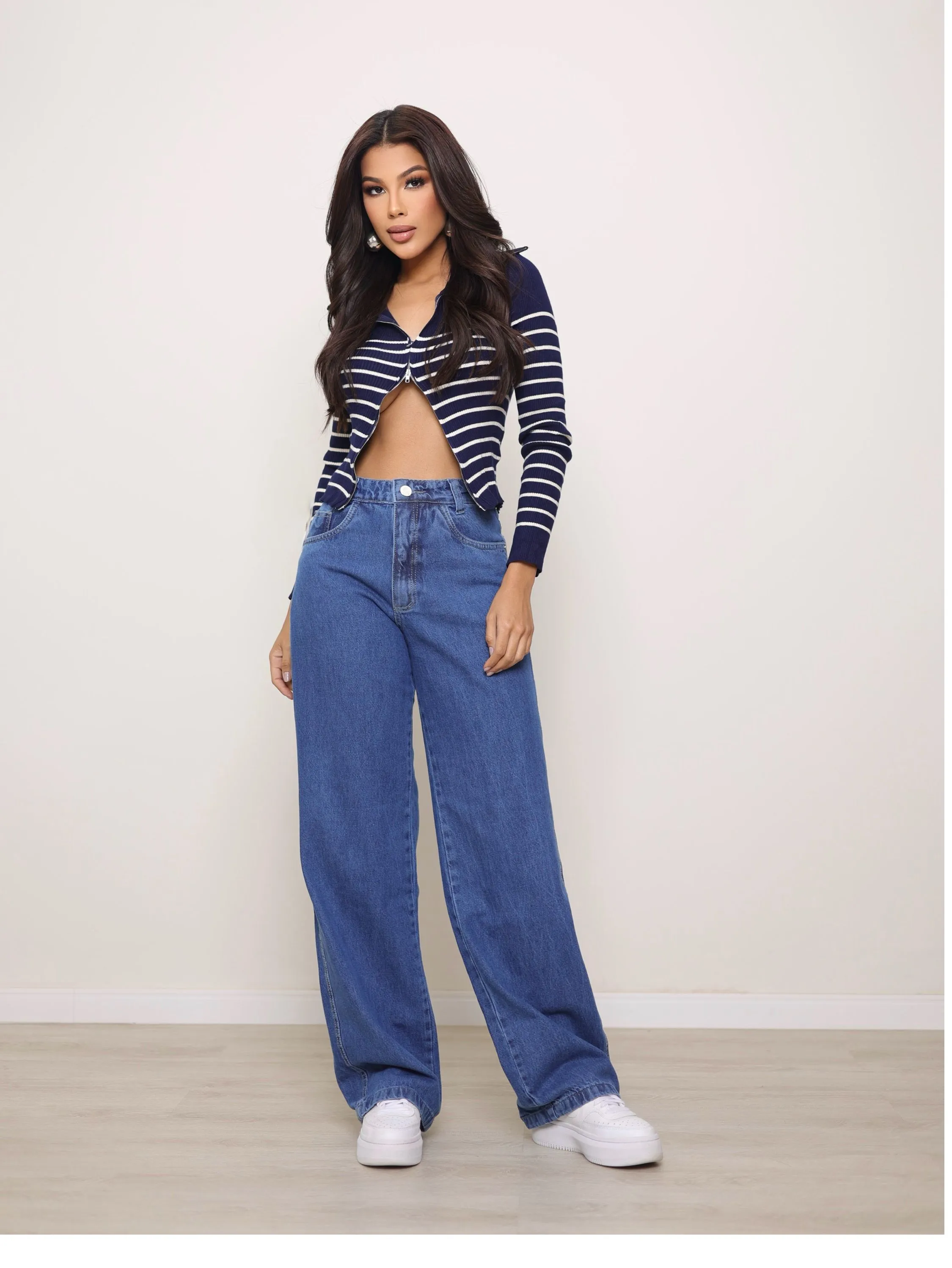 Calça wide leg jeans feminina