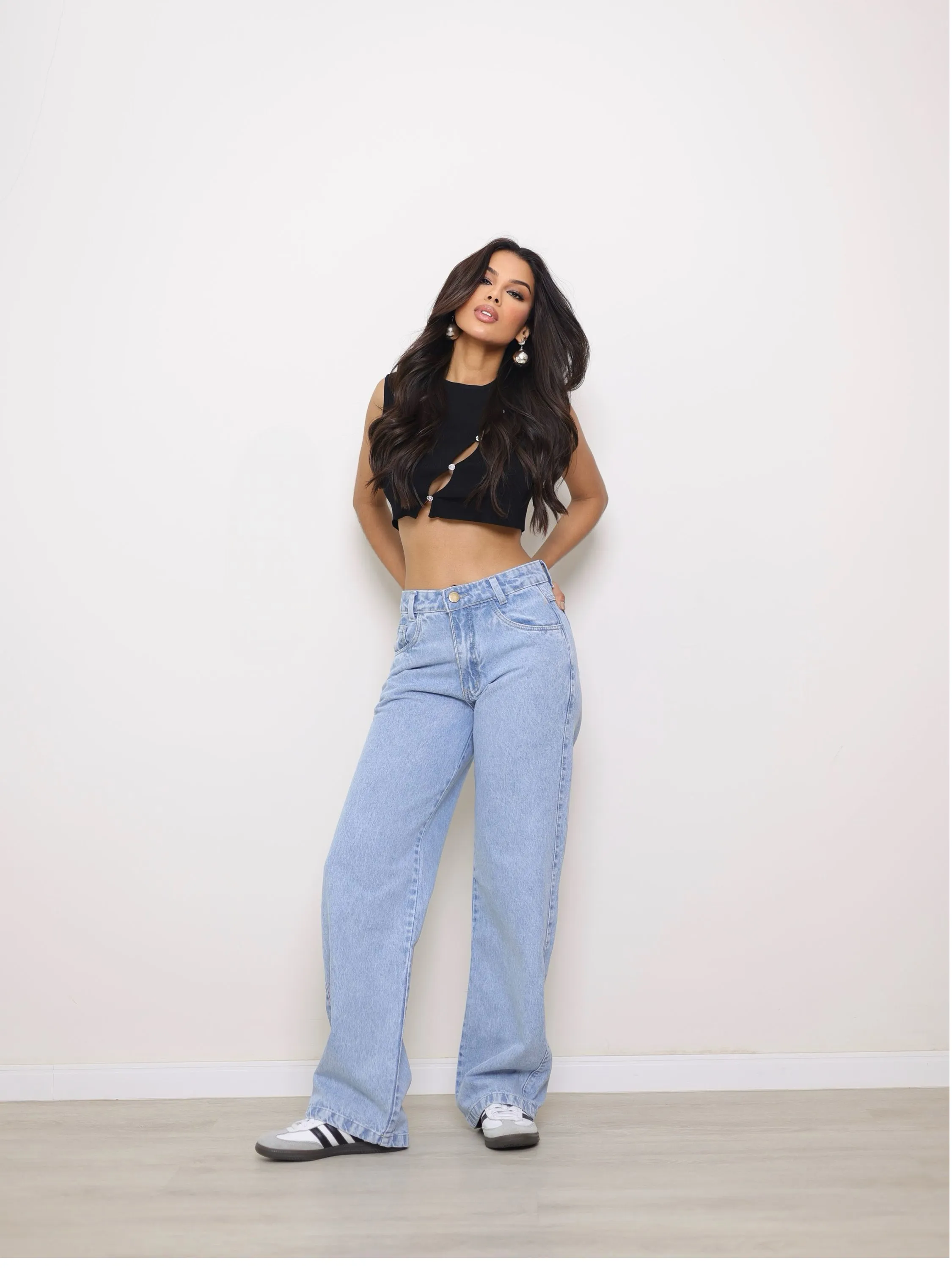 Calça wide leg jeans feminina