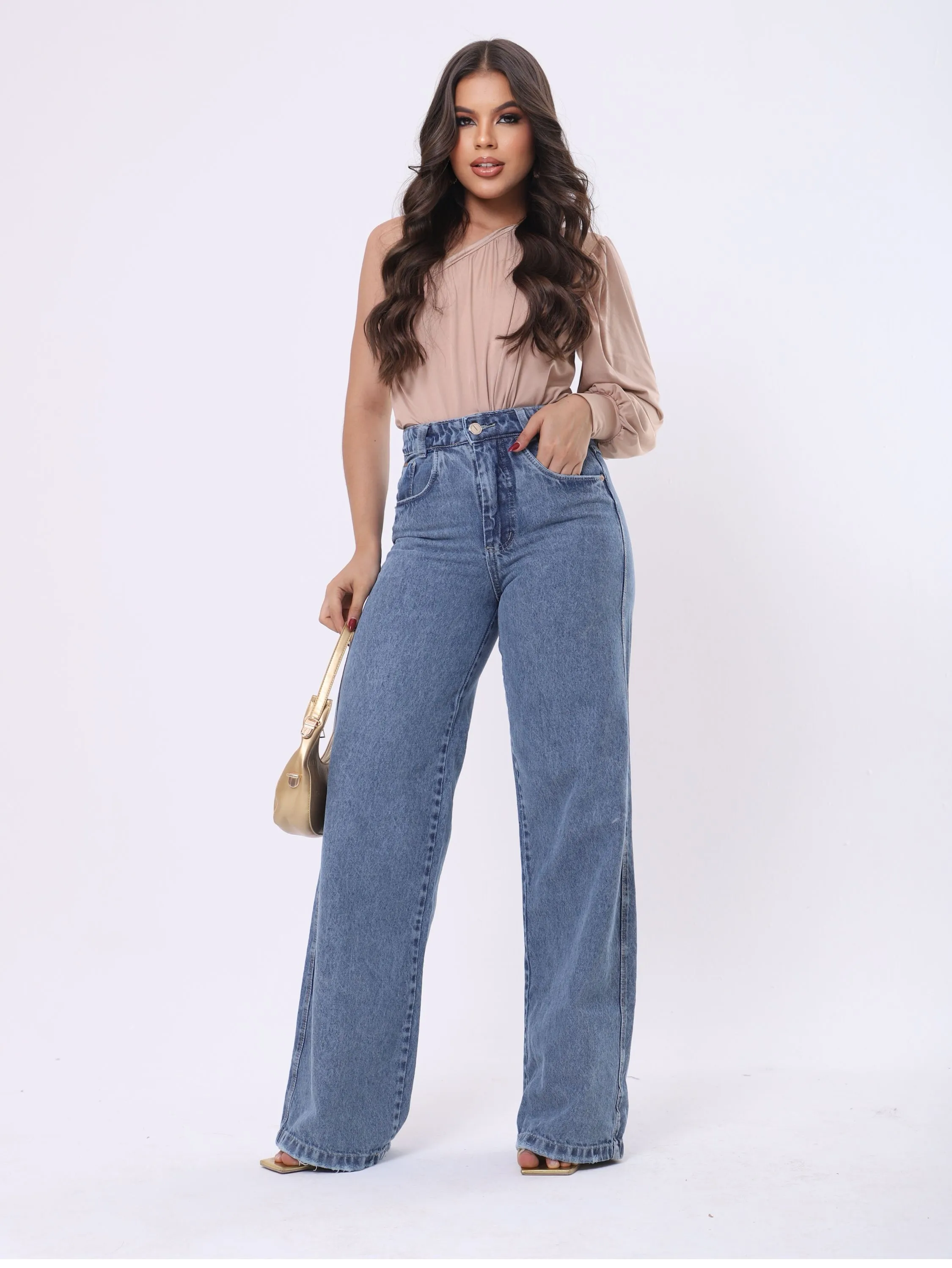 Calça wide leg jeans feminina