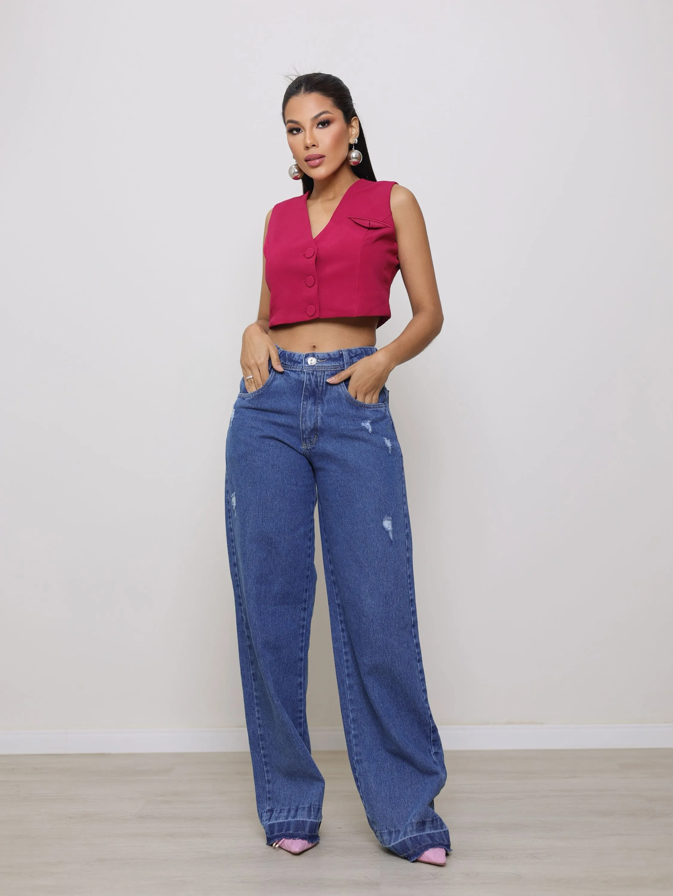 Calça wide leg jeans feminina