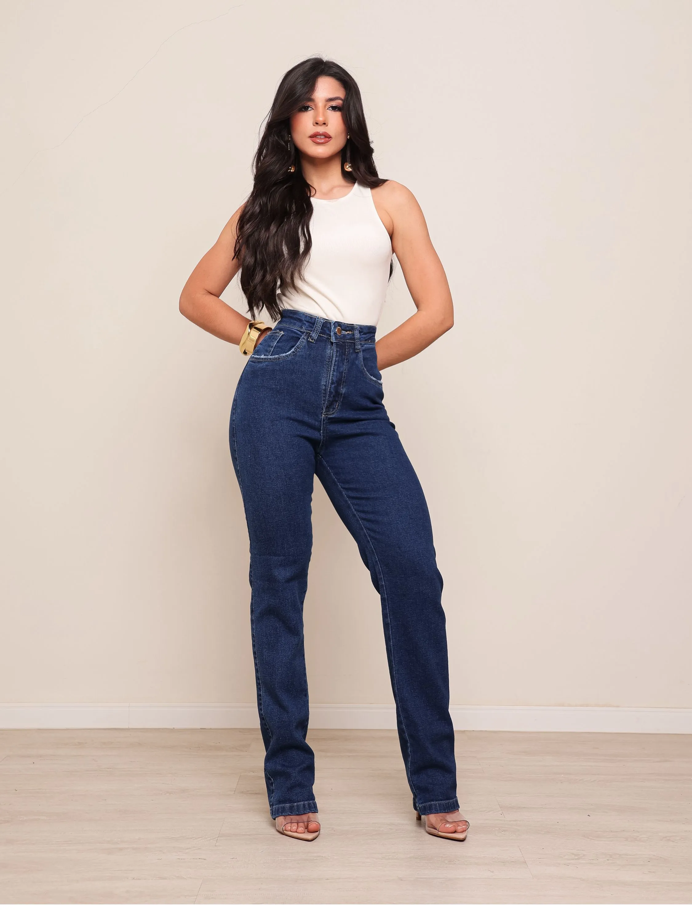 Calça wide leg jeans feminina com lycra