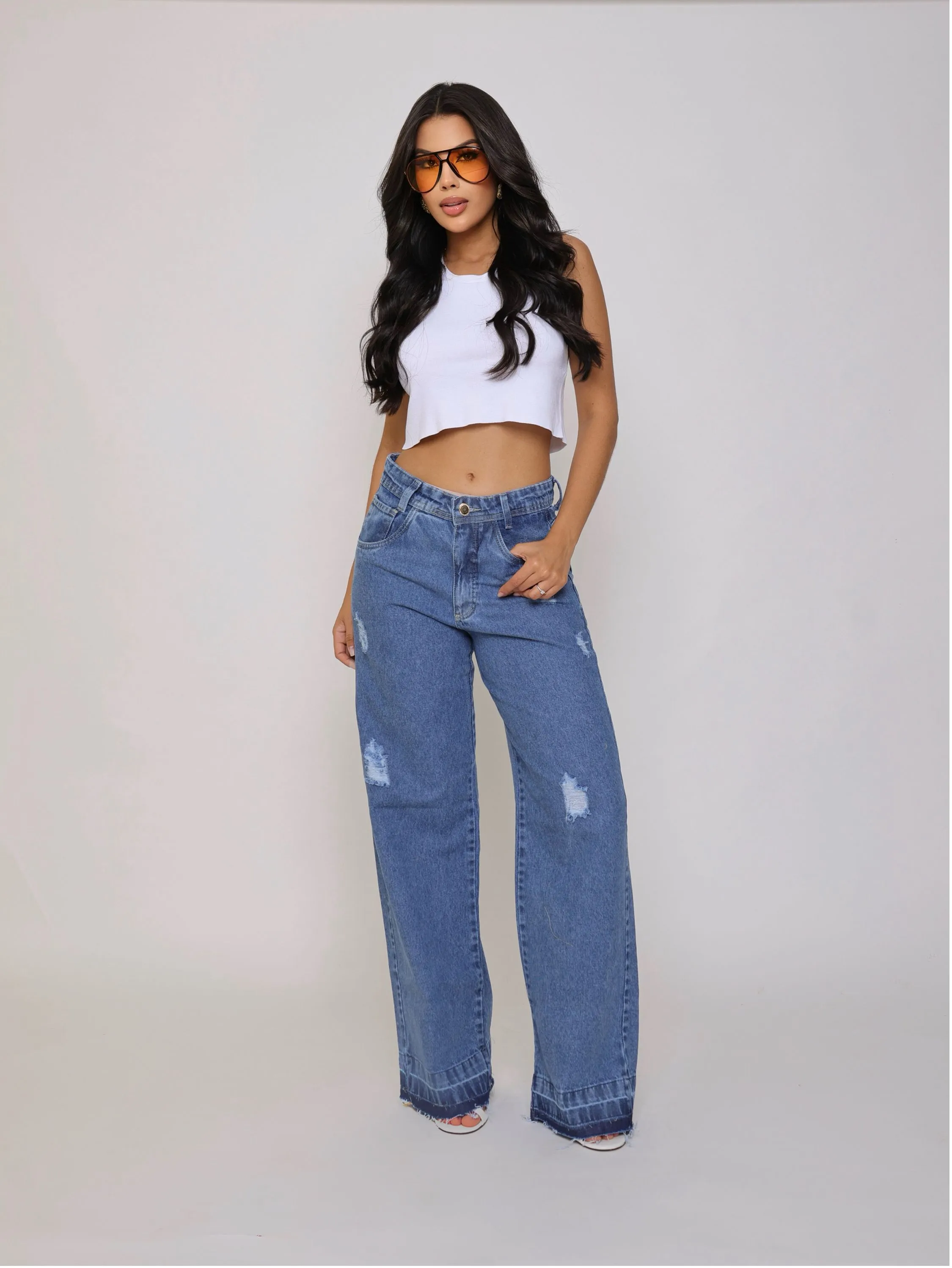 Calça wide leg jeans feminina