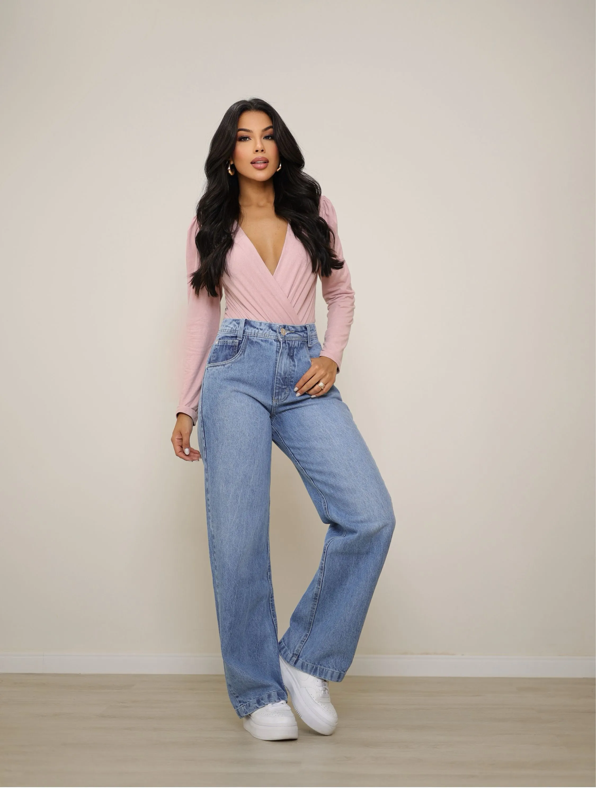 Calça wide leg jeans feminina