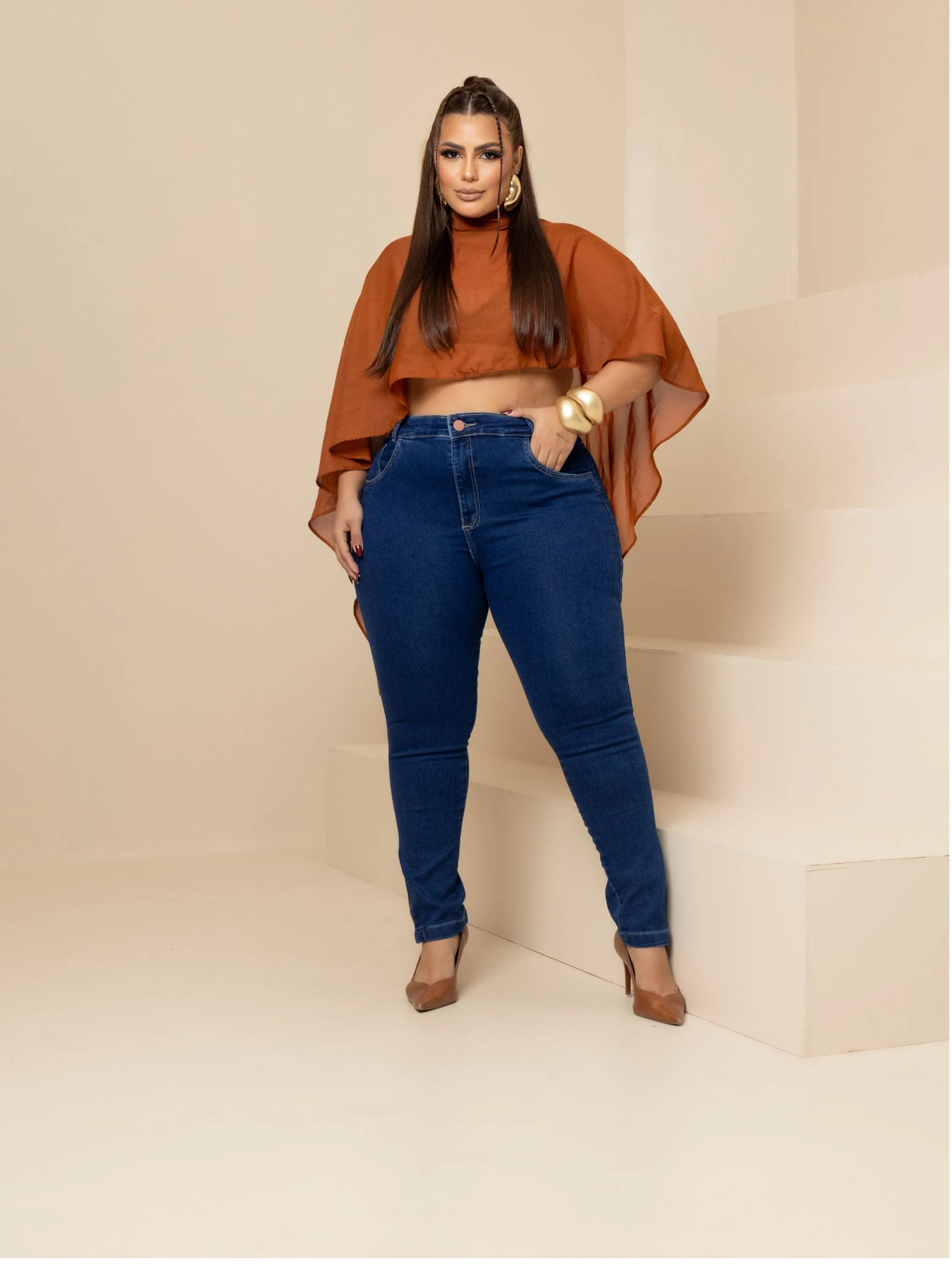 Calça skinny jeans feminina plus size com zíper
