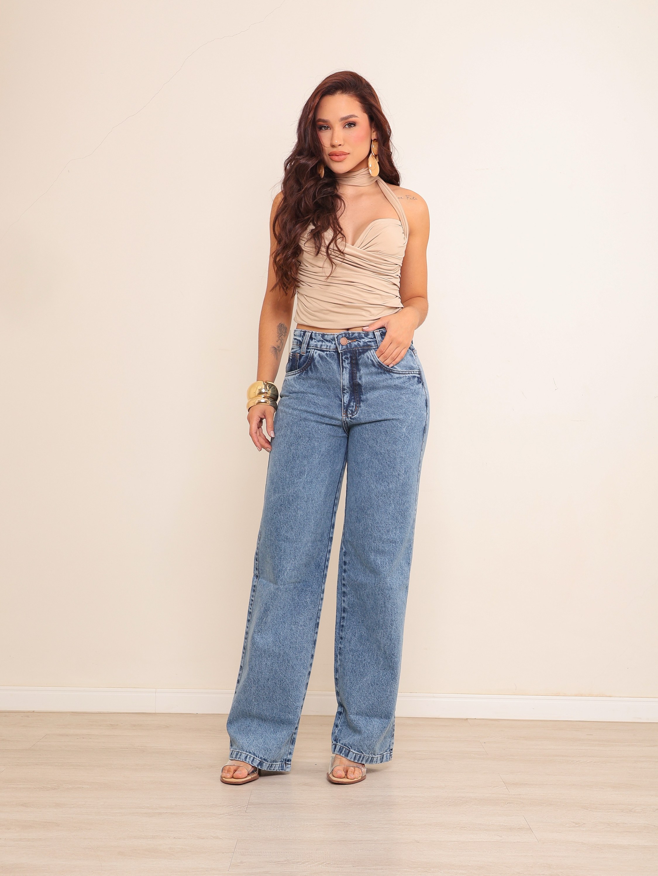Calça wide leg jeans feminina