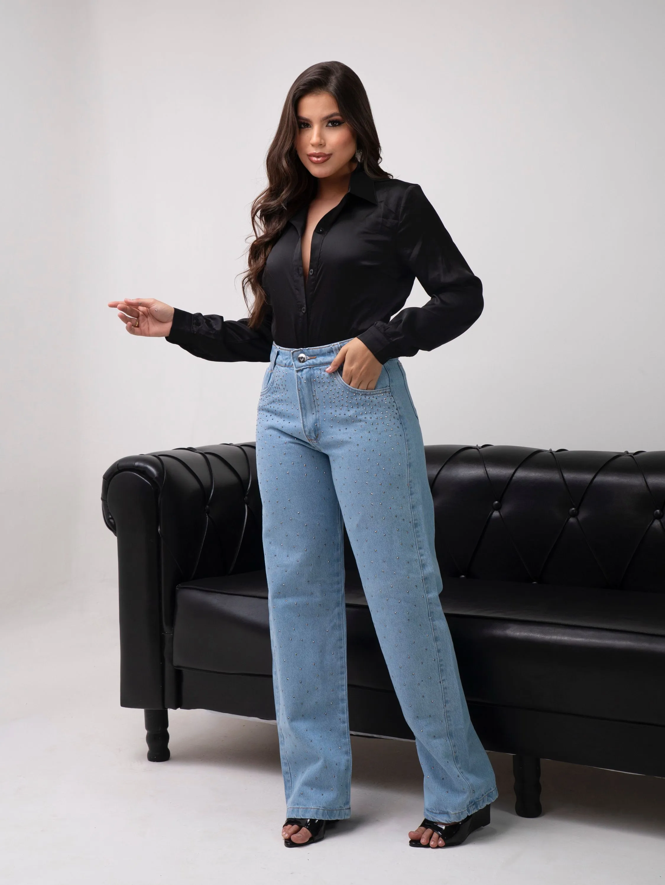 Calça wide leg jeans feminina de strass