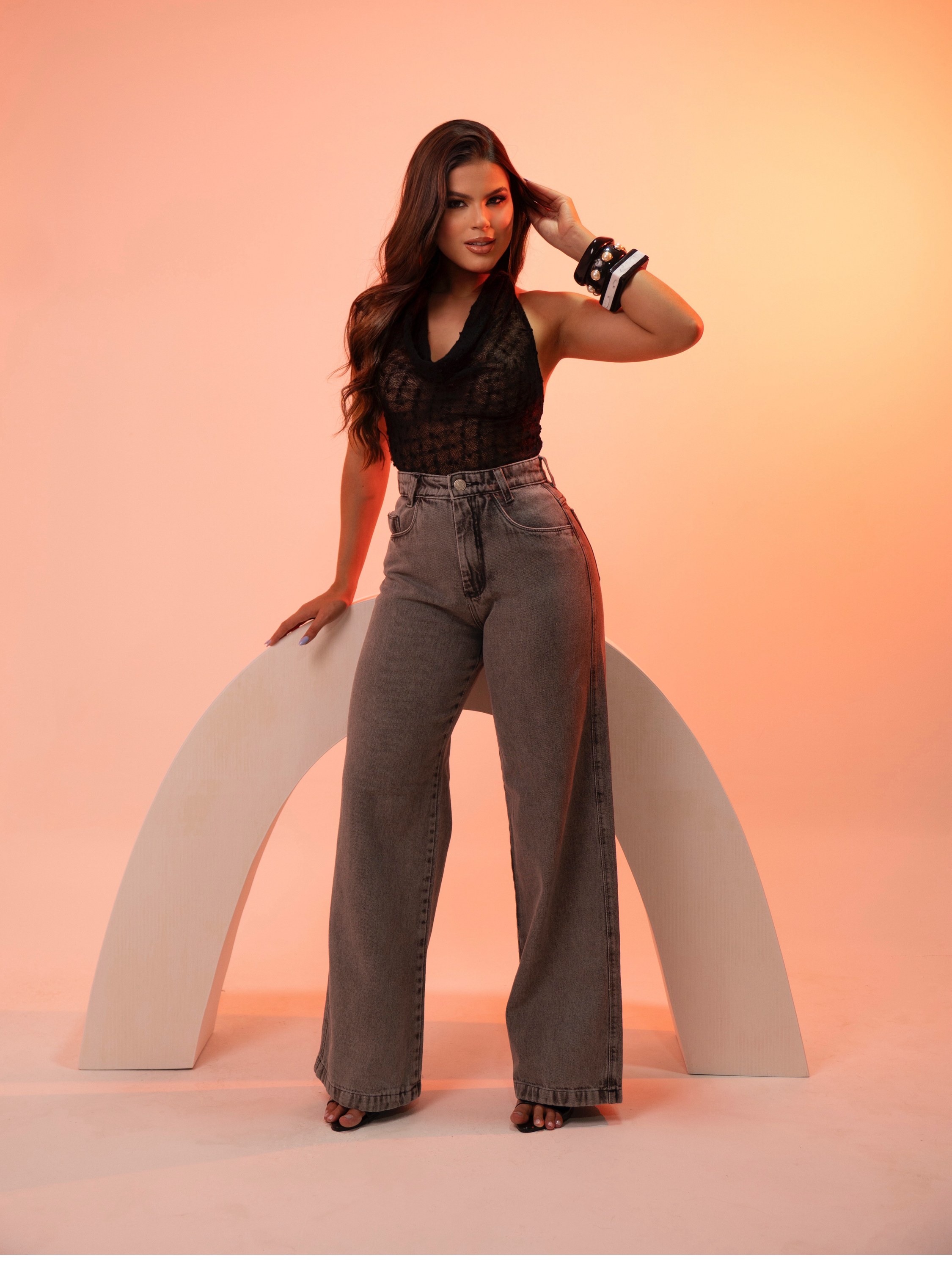 Calça wide leg jeans feminina