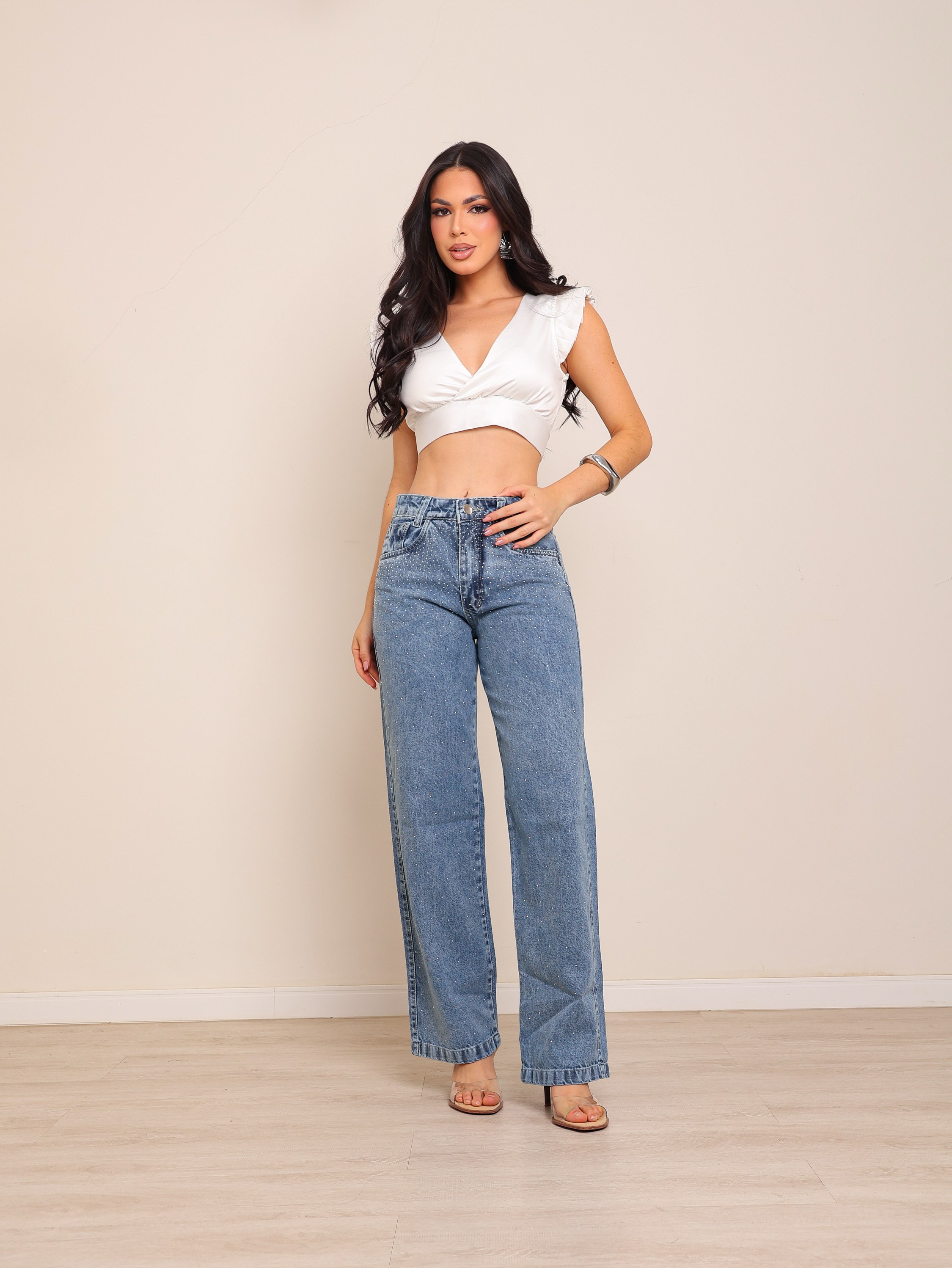 Calça wide leg jeans feminina de strass