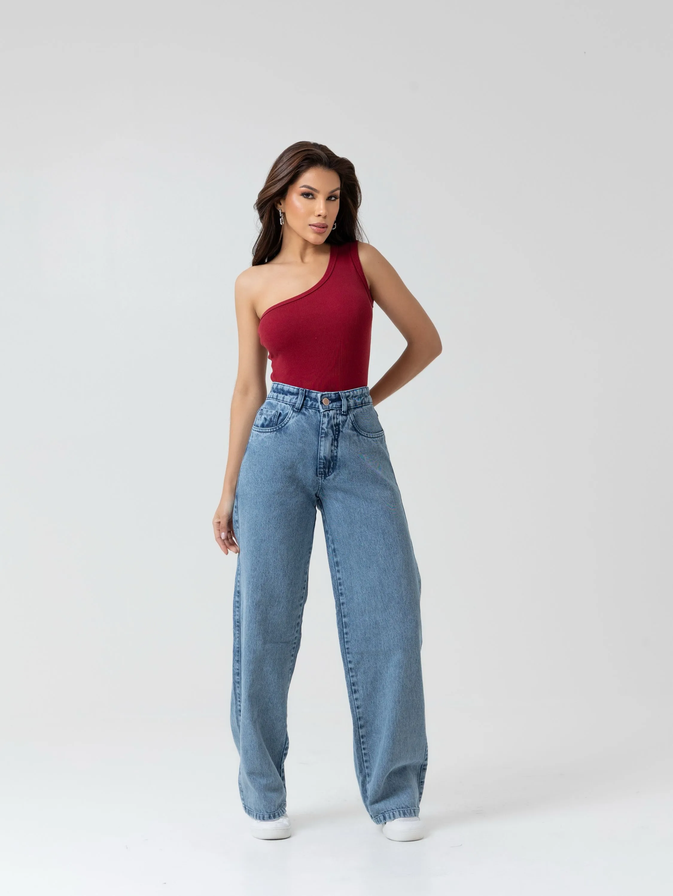 Calça wide leg jeans feminina