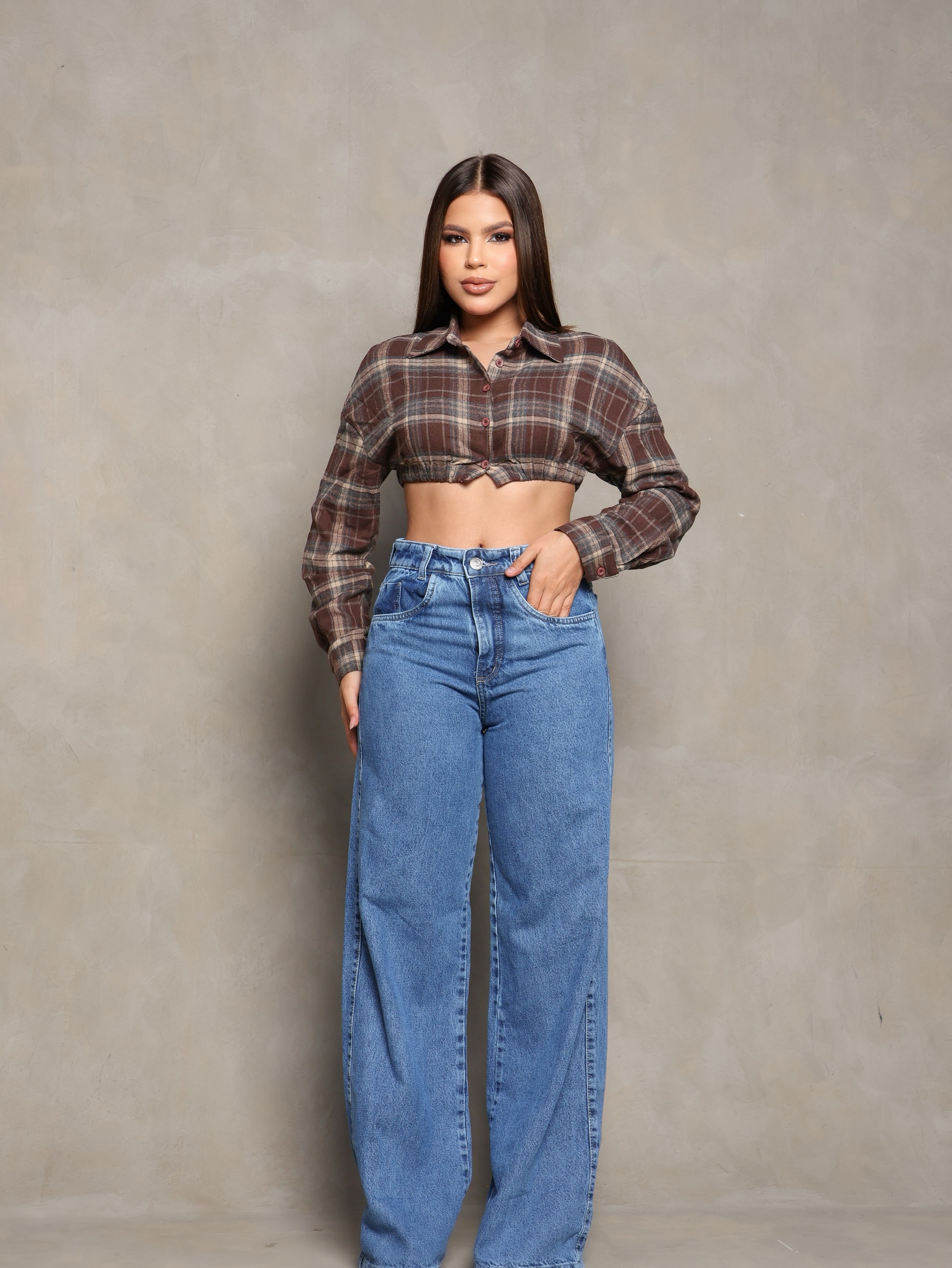 Calça wide leg jeans feminina