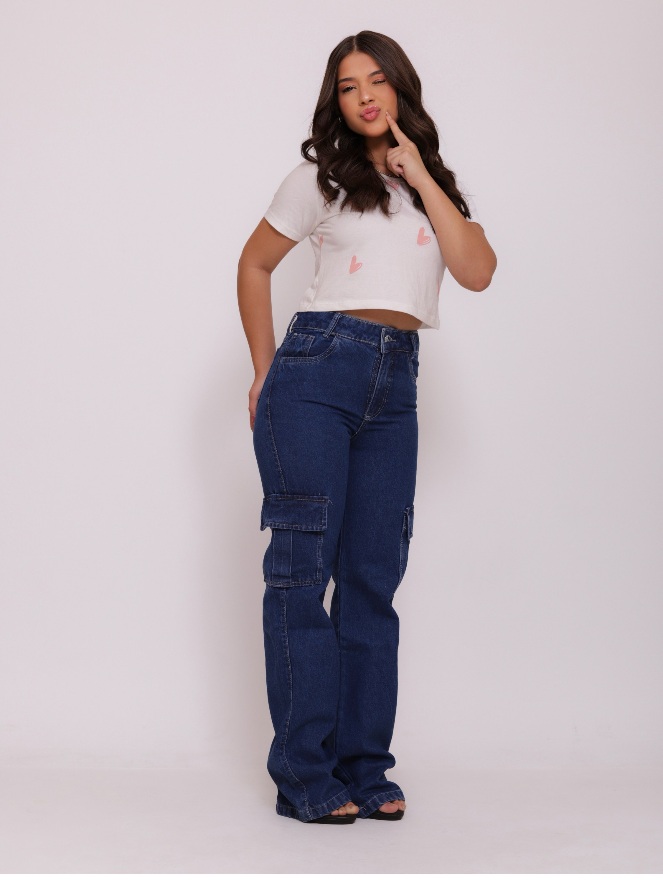 Calça wide leg cargo jeans infantil