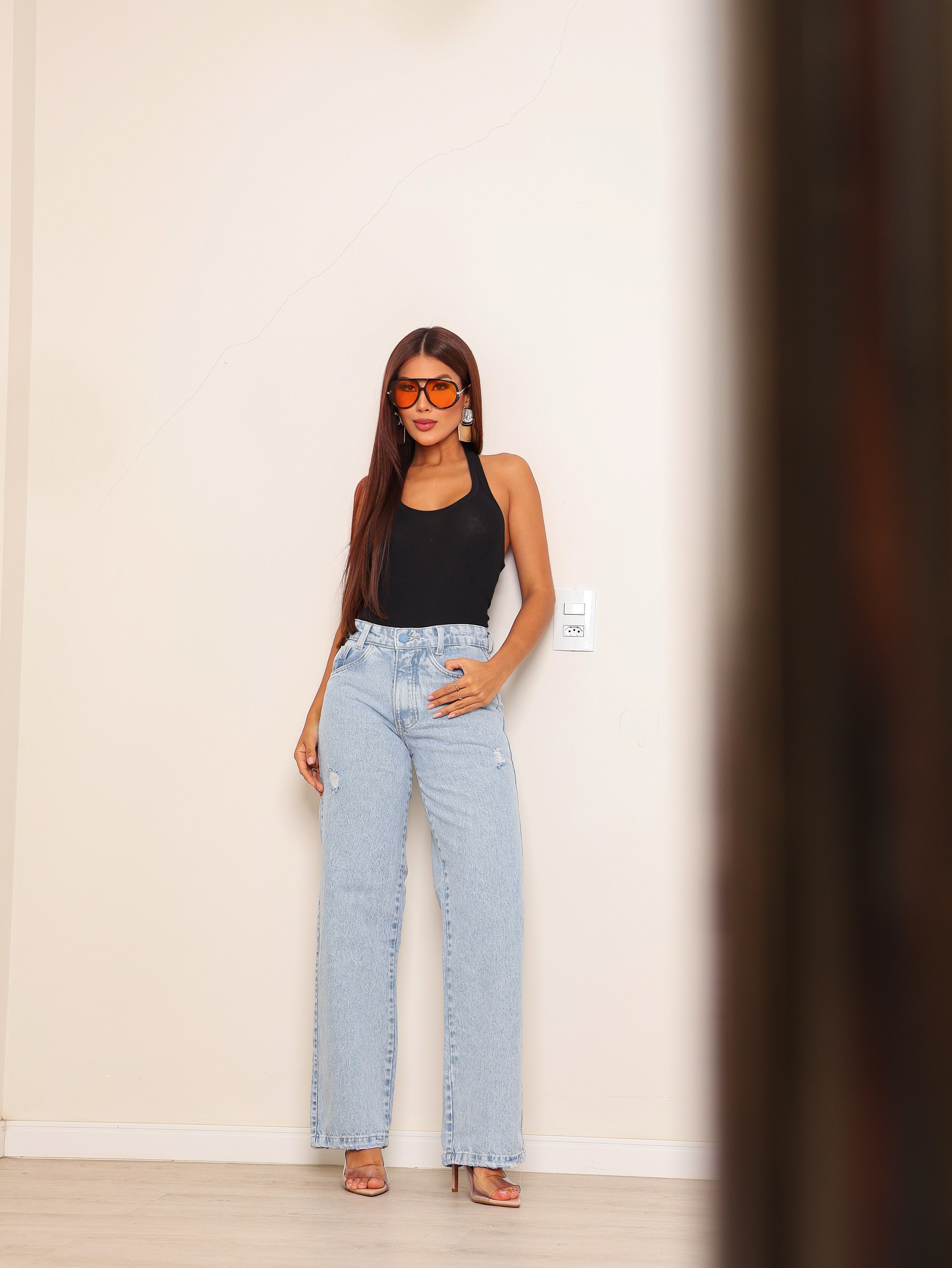 Calça wide leg jeans feminina