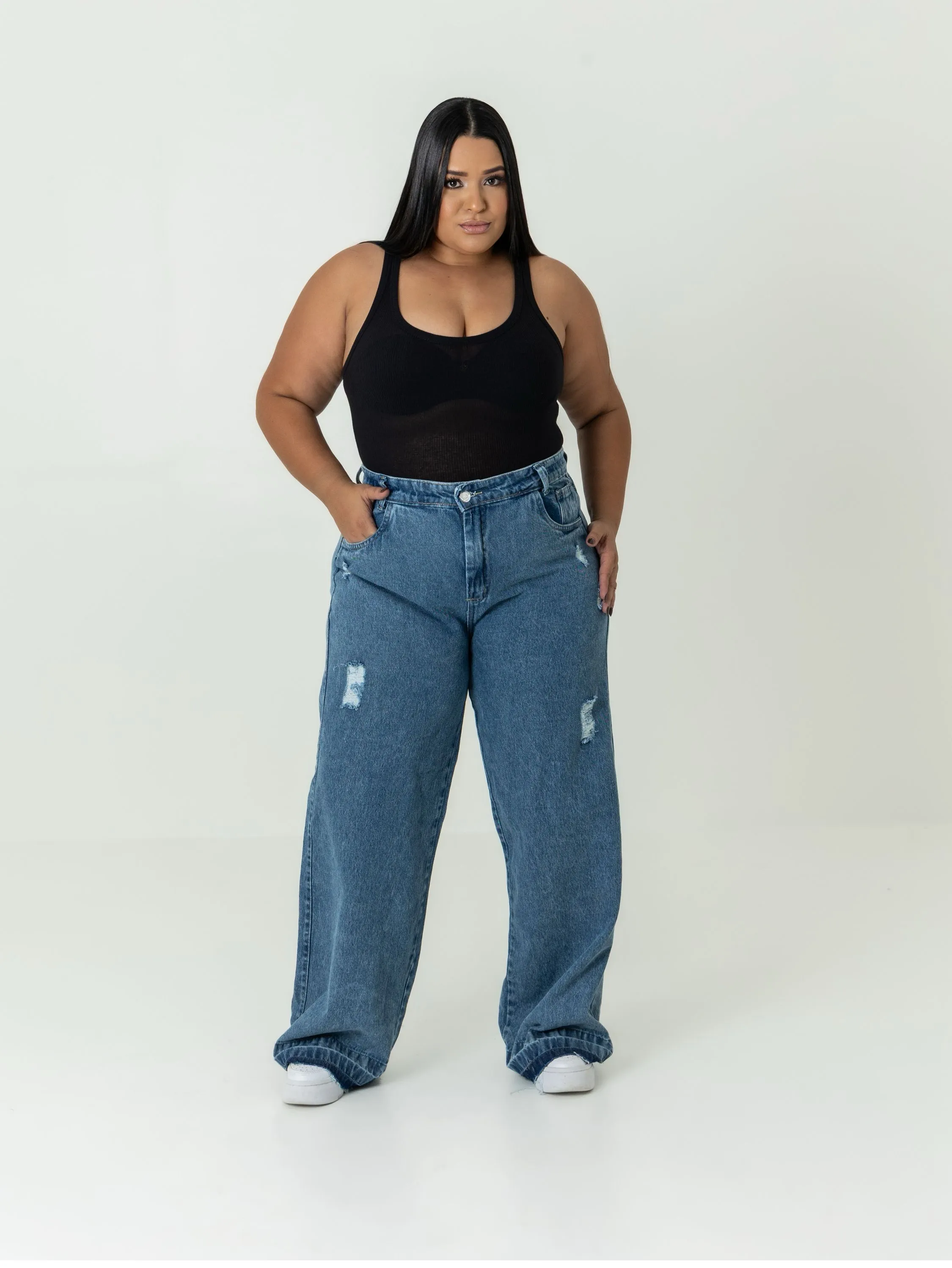 Calça wide leg jeans feminina plus size