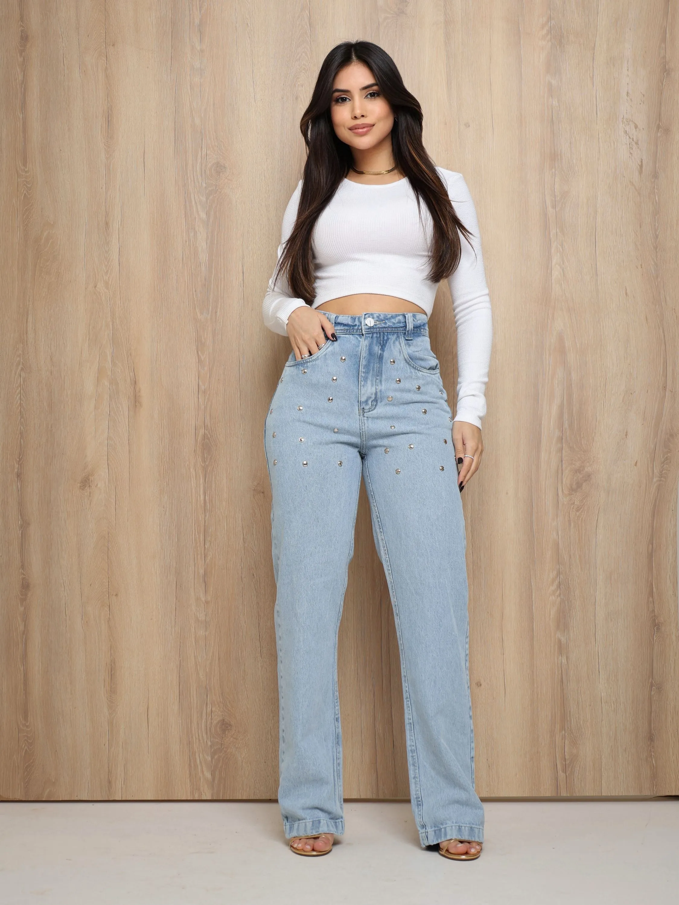 Calça wide leg jeans feminina com strass