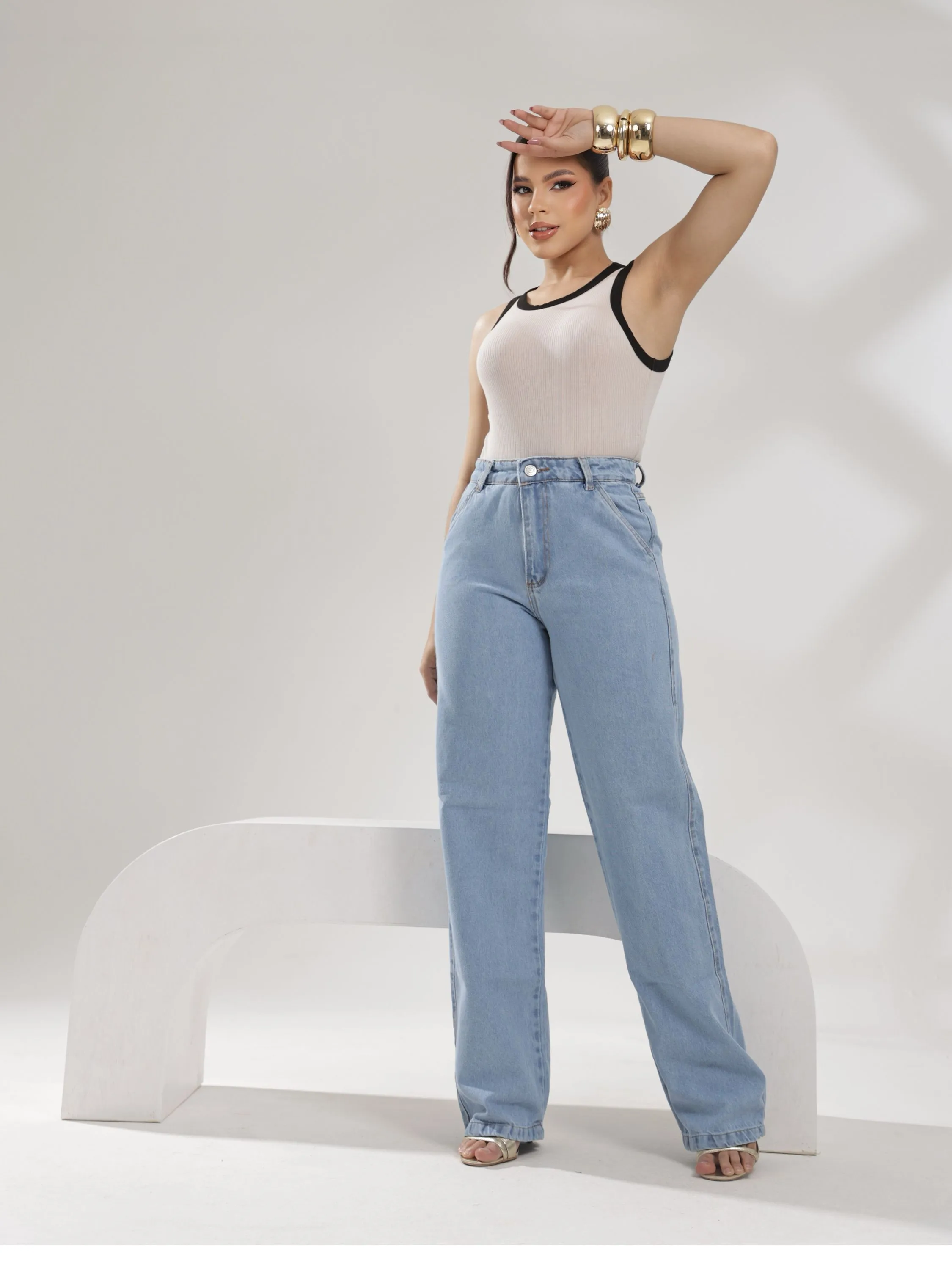 Calça wide leg jeans feminina