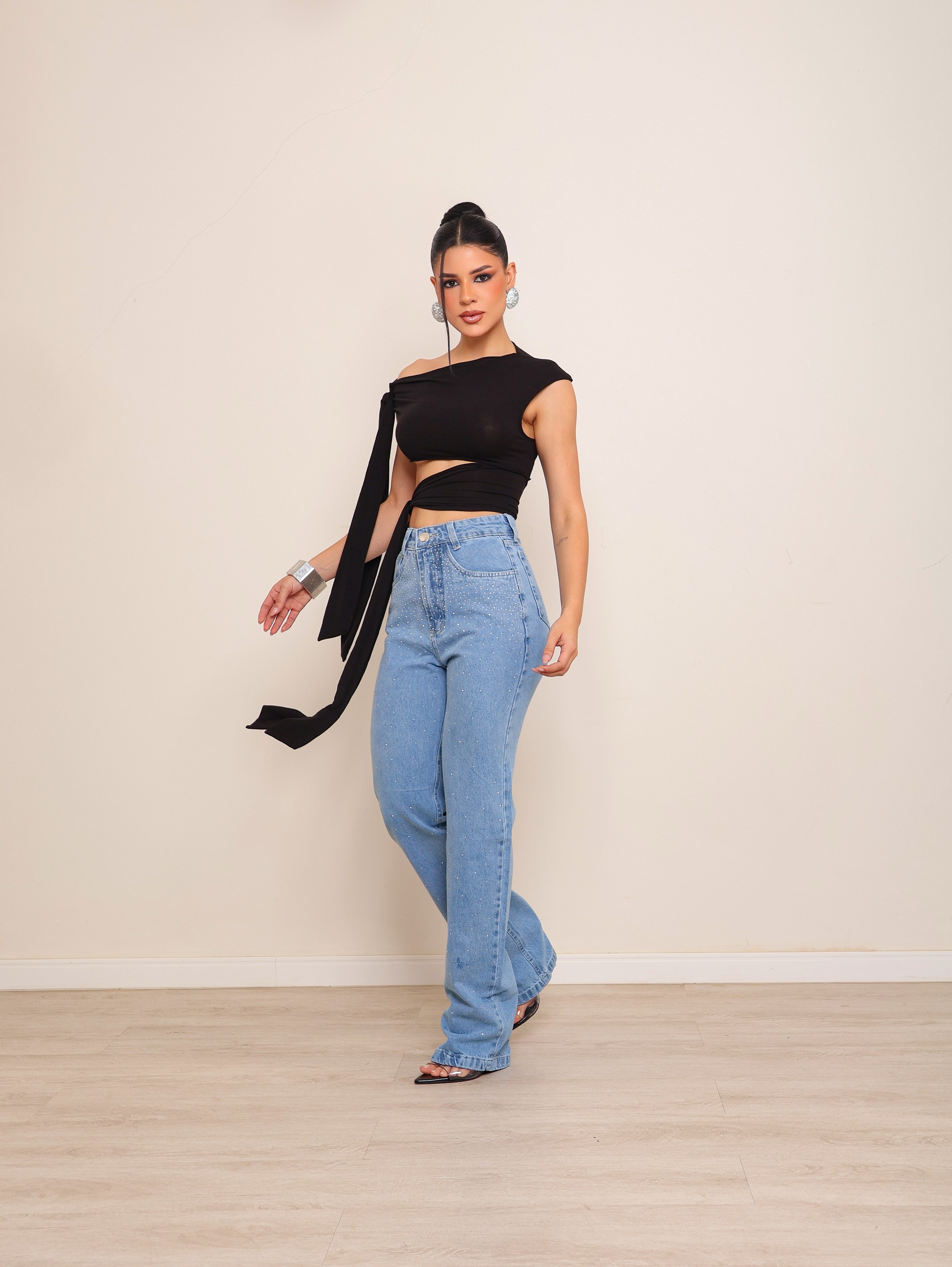 Calça wide leg jeans feminina de strass