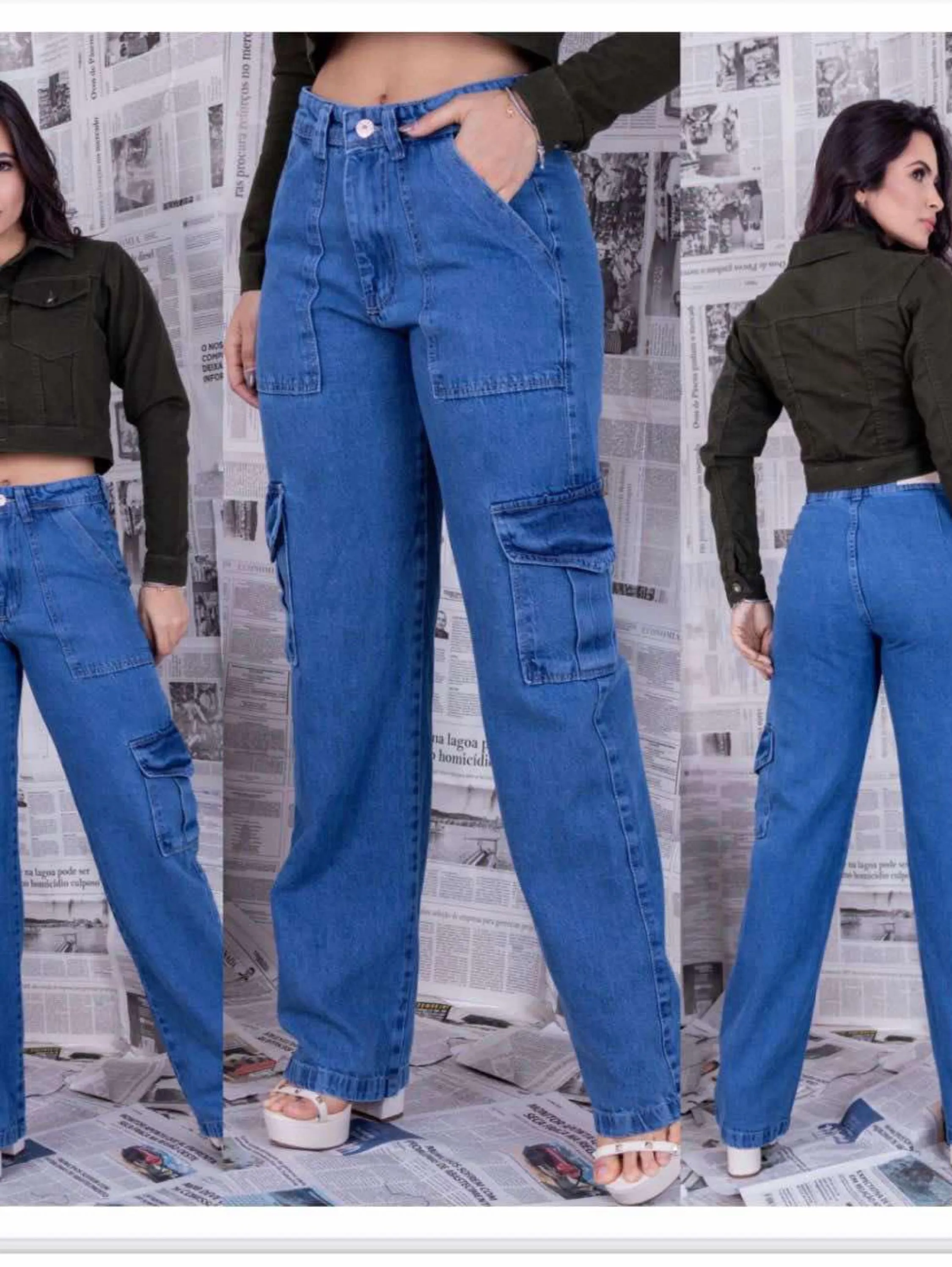 Calça wide leg cargo jeans feminina