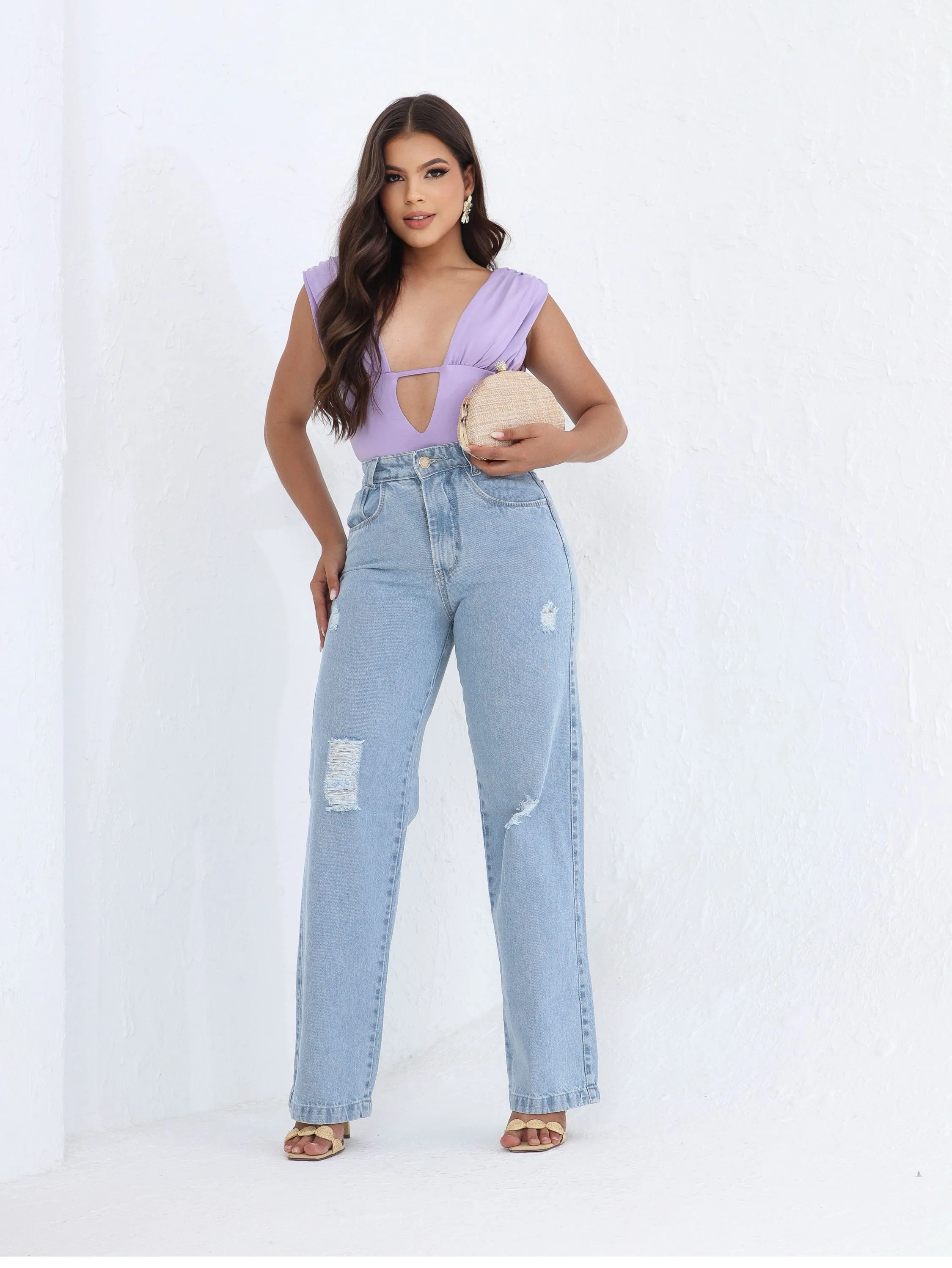 Calça wide leg jeans feminina