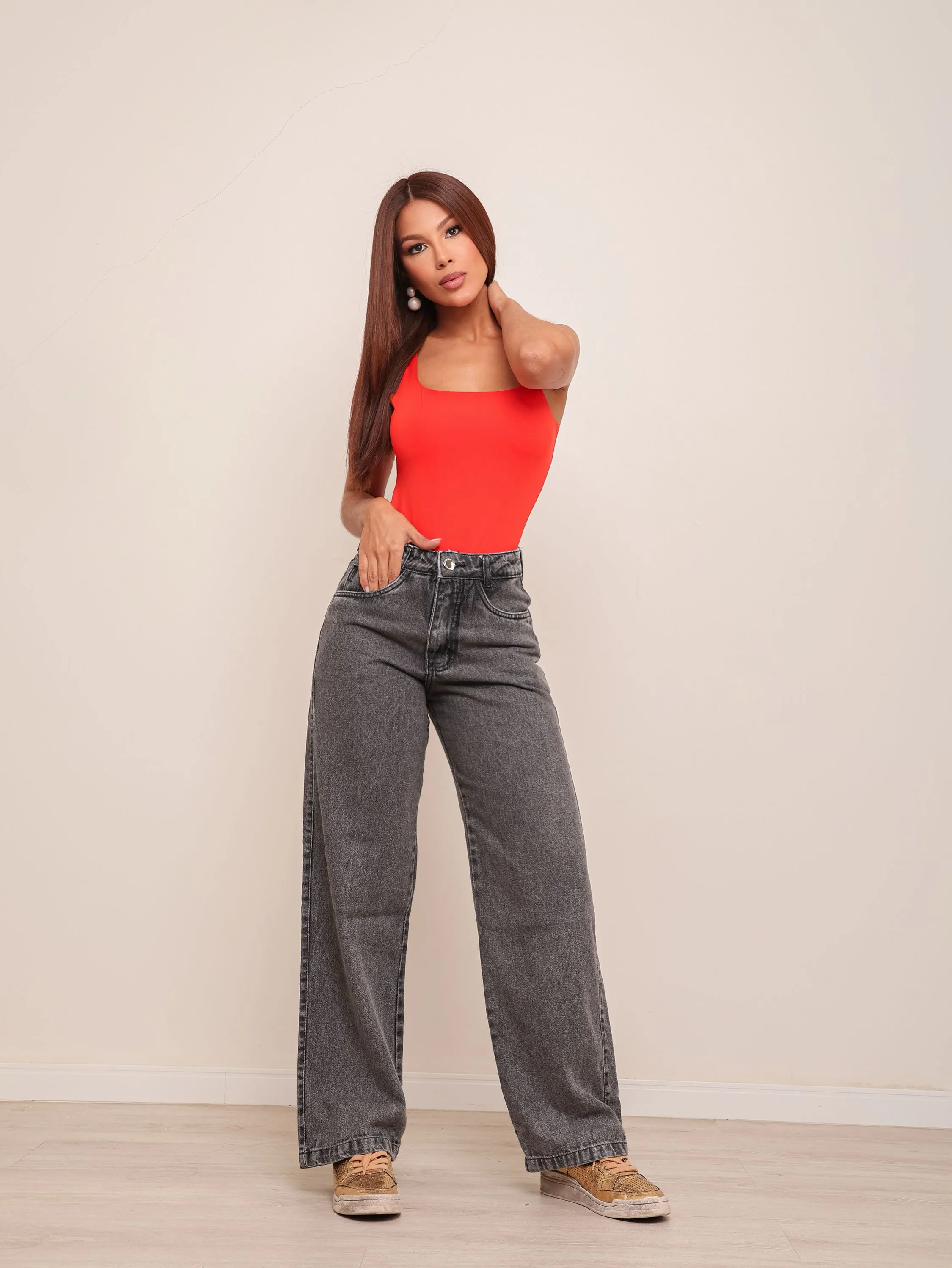Calça wide leg jeans feminina