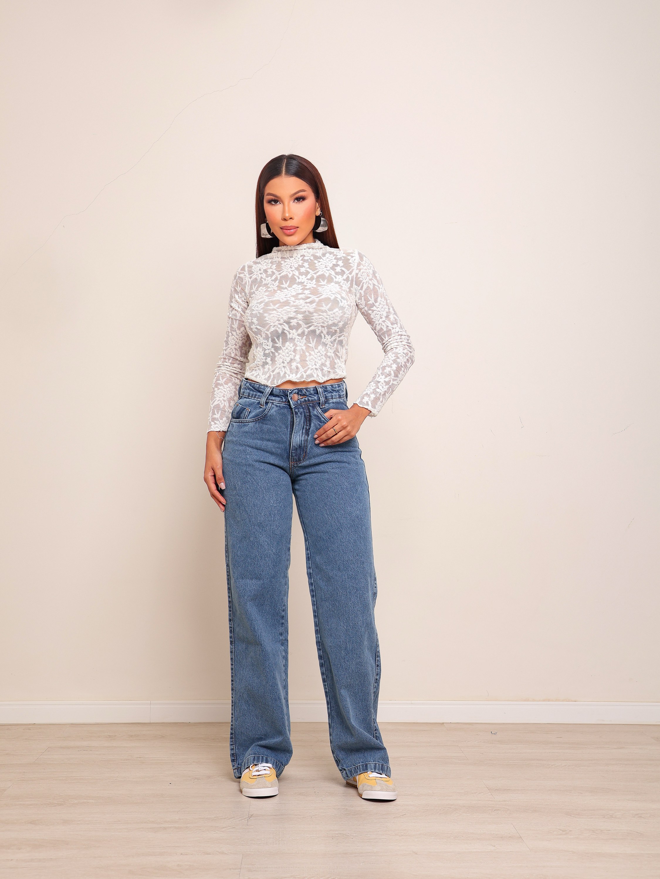 Calça wide leg jeans feminina