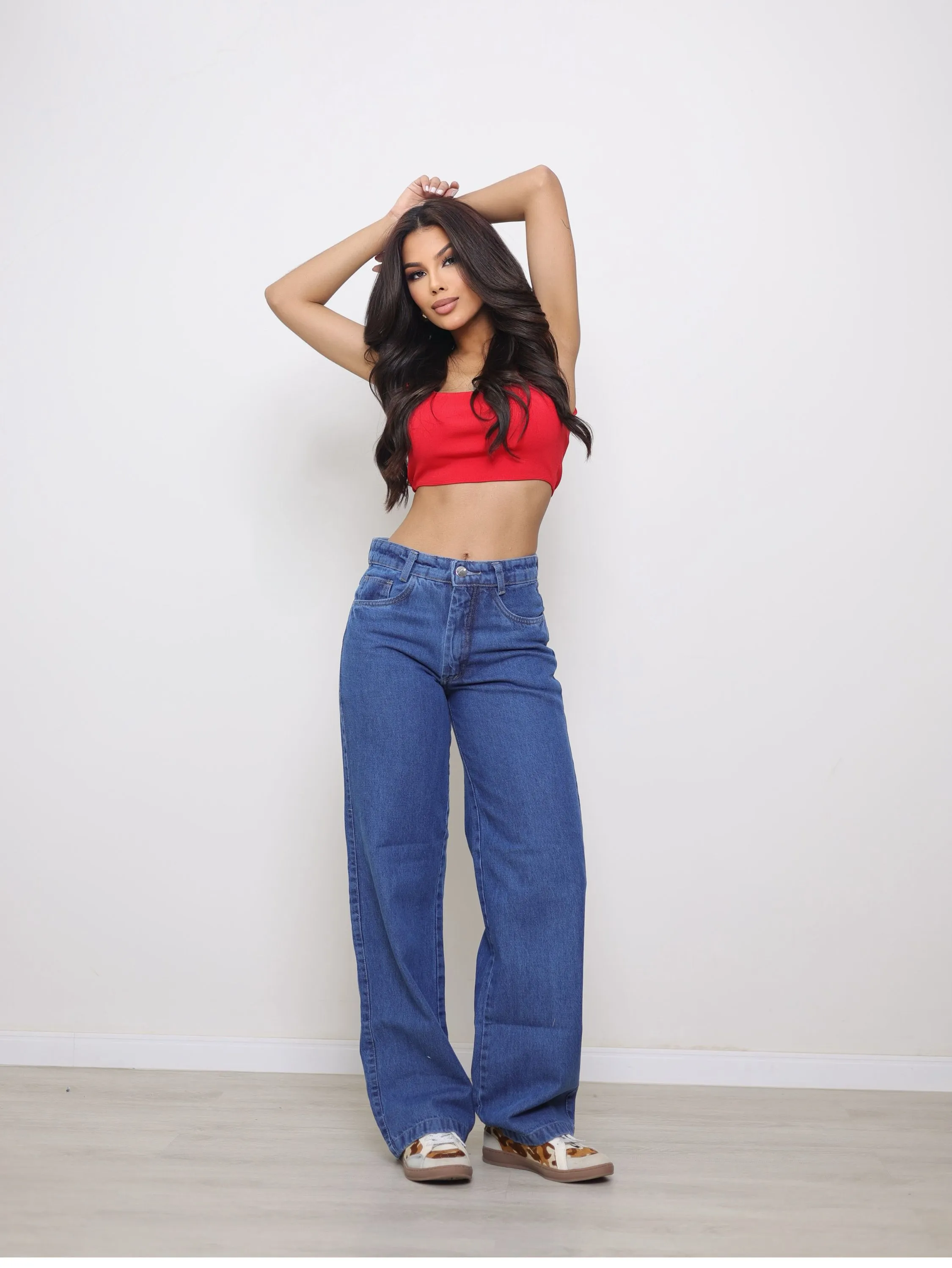 Calça wide leg jeans feminina