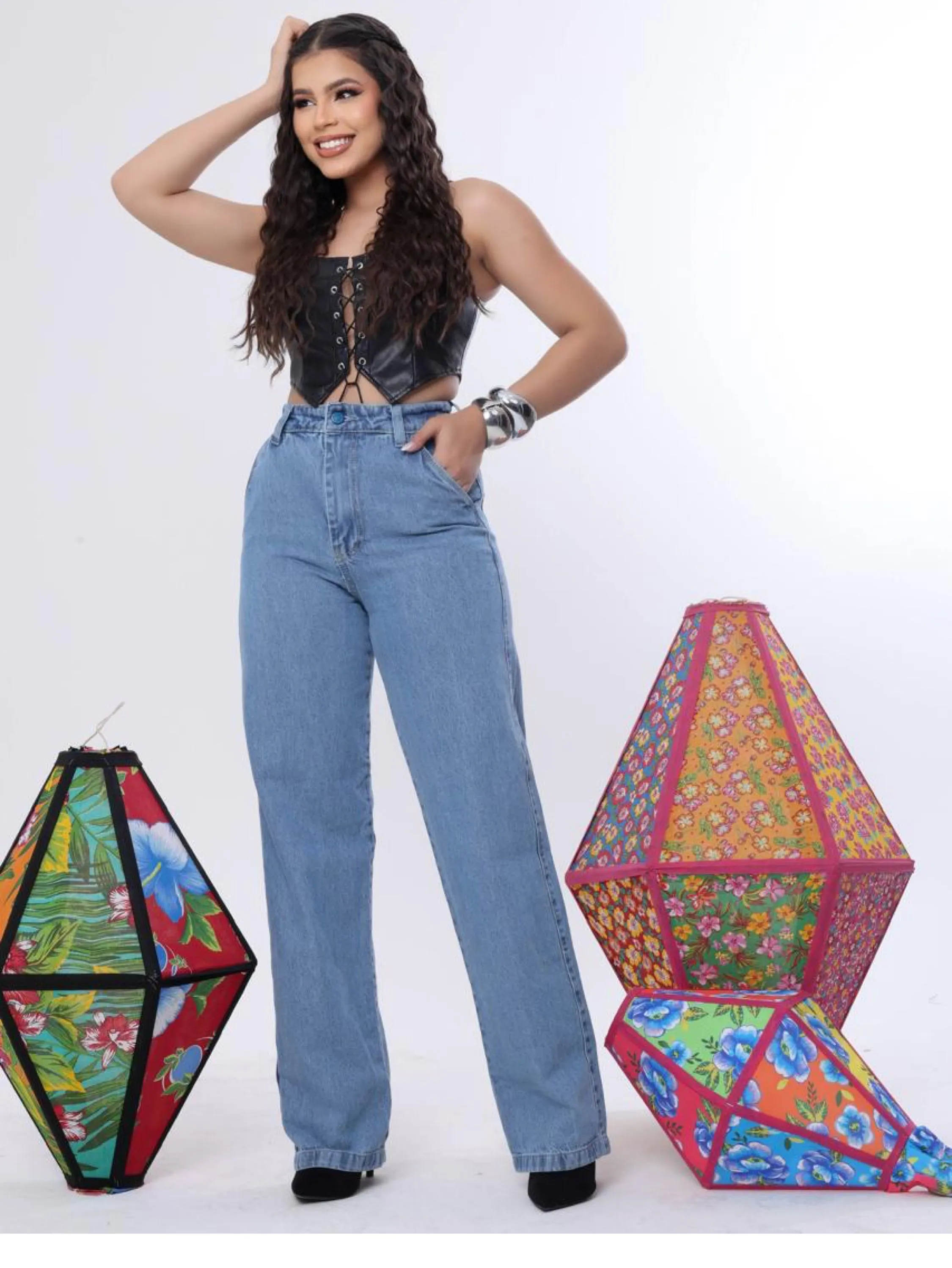 Calça wide leg jeans feminina