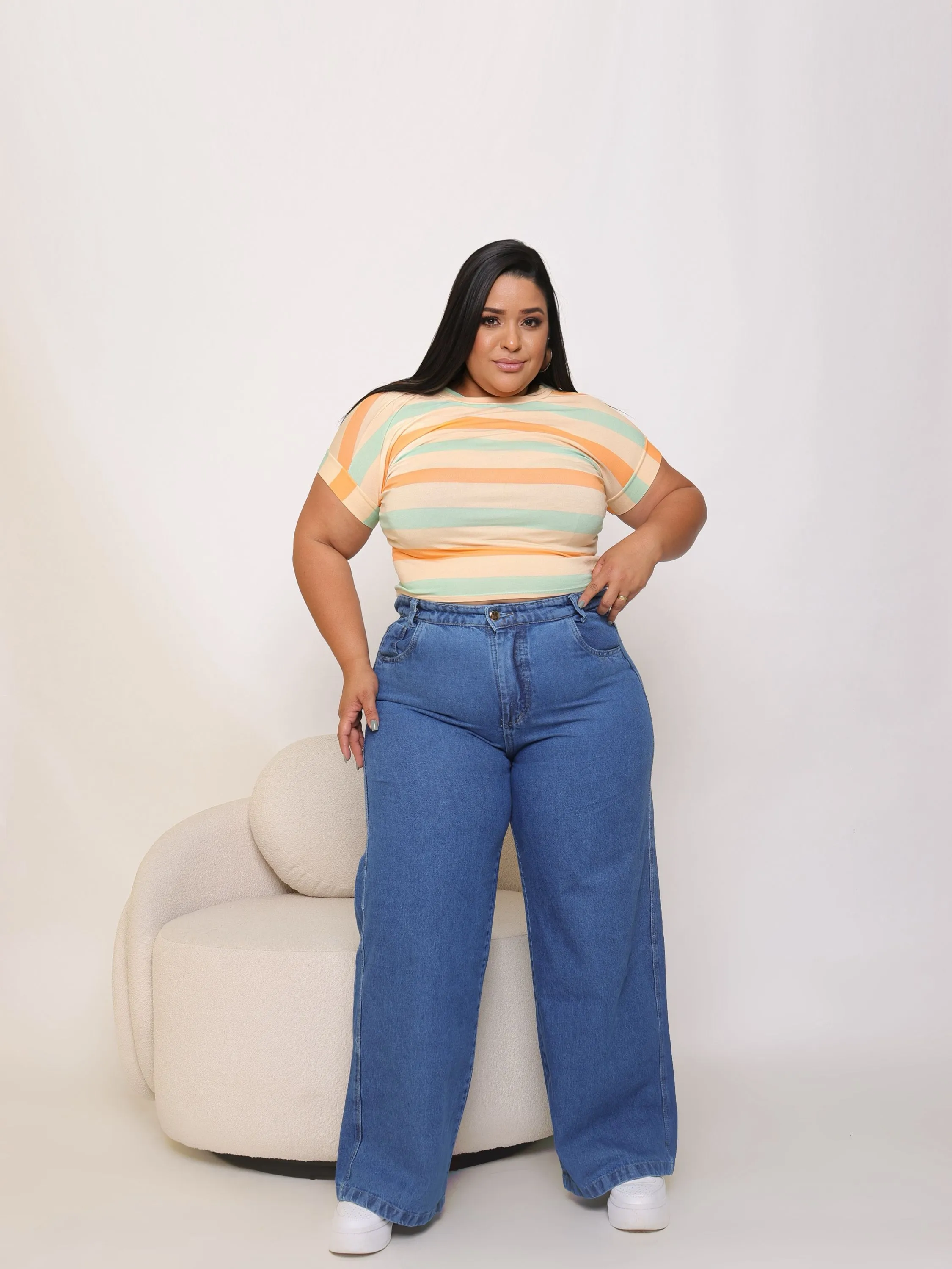 Calça wide leg jeans feminina plus size