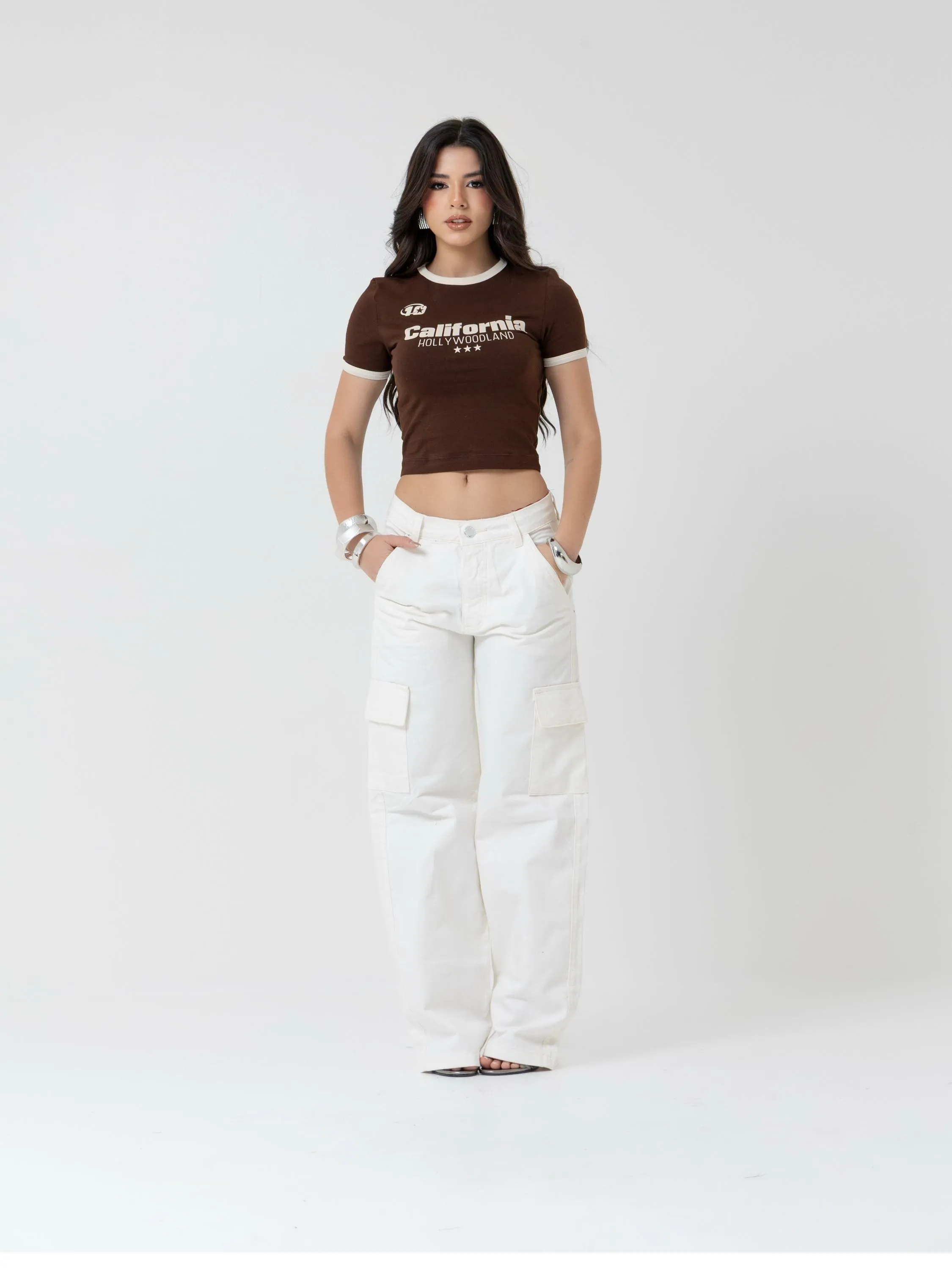 Calça wide leg cargo jeans feminina