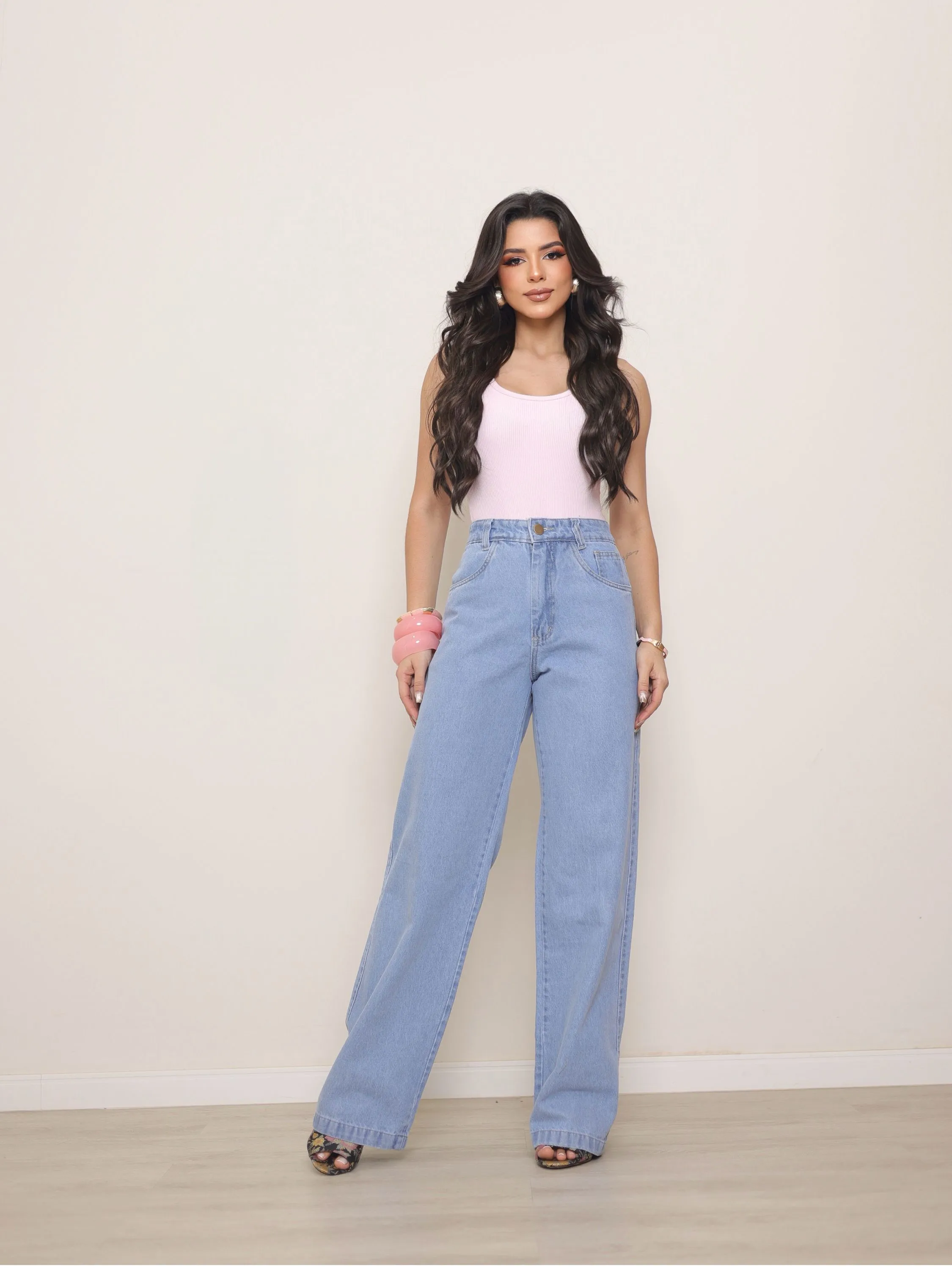 Calça wide leg jeans feminina
