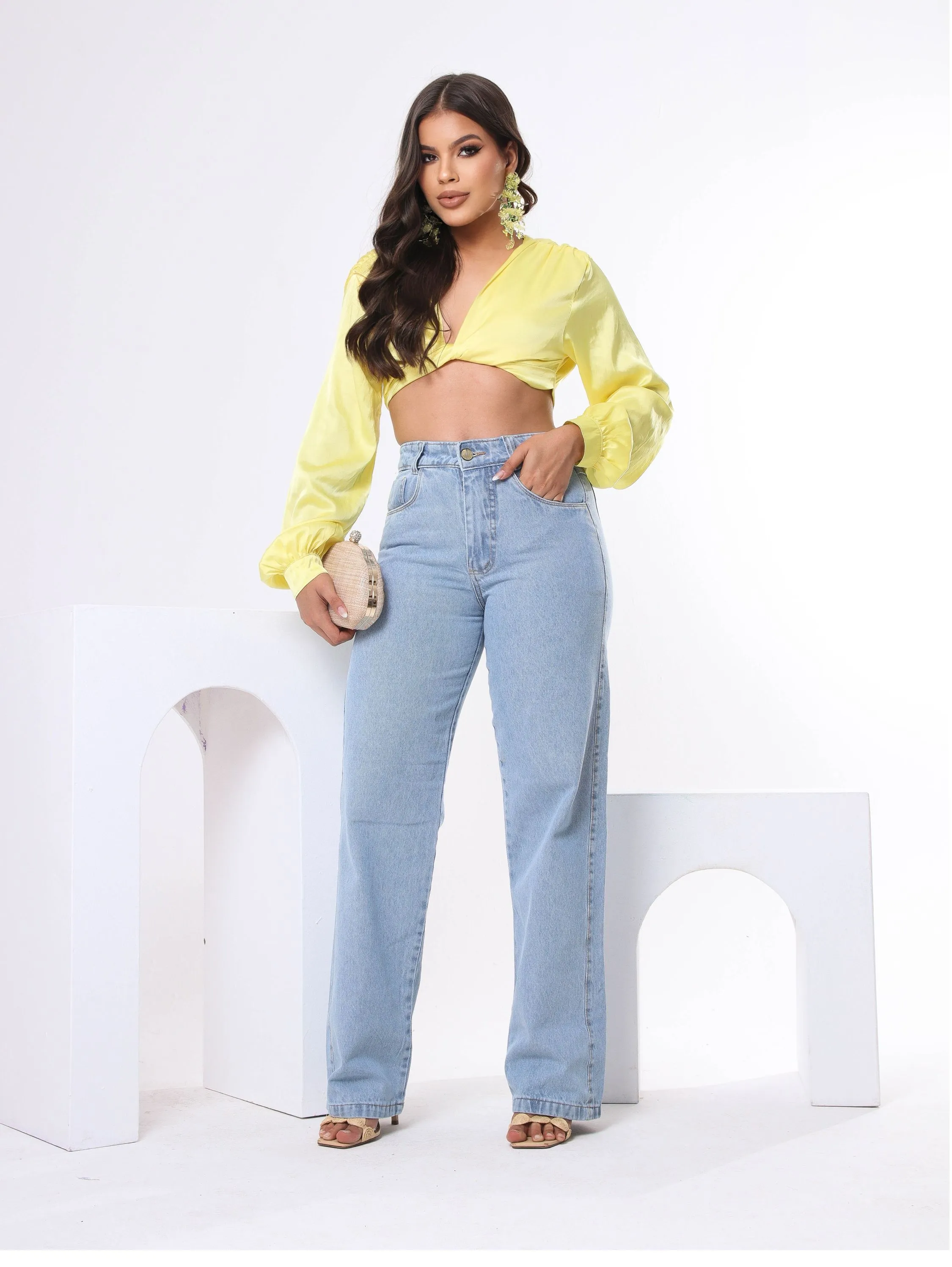 Calça wide leg jeans feminina