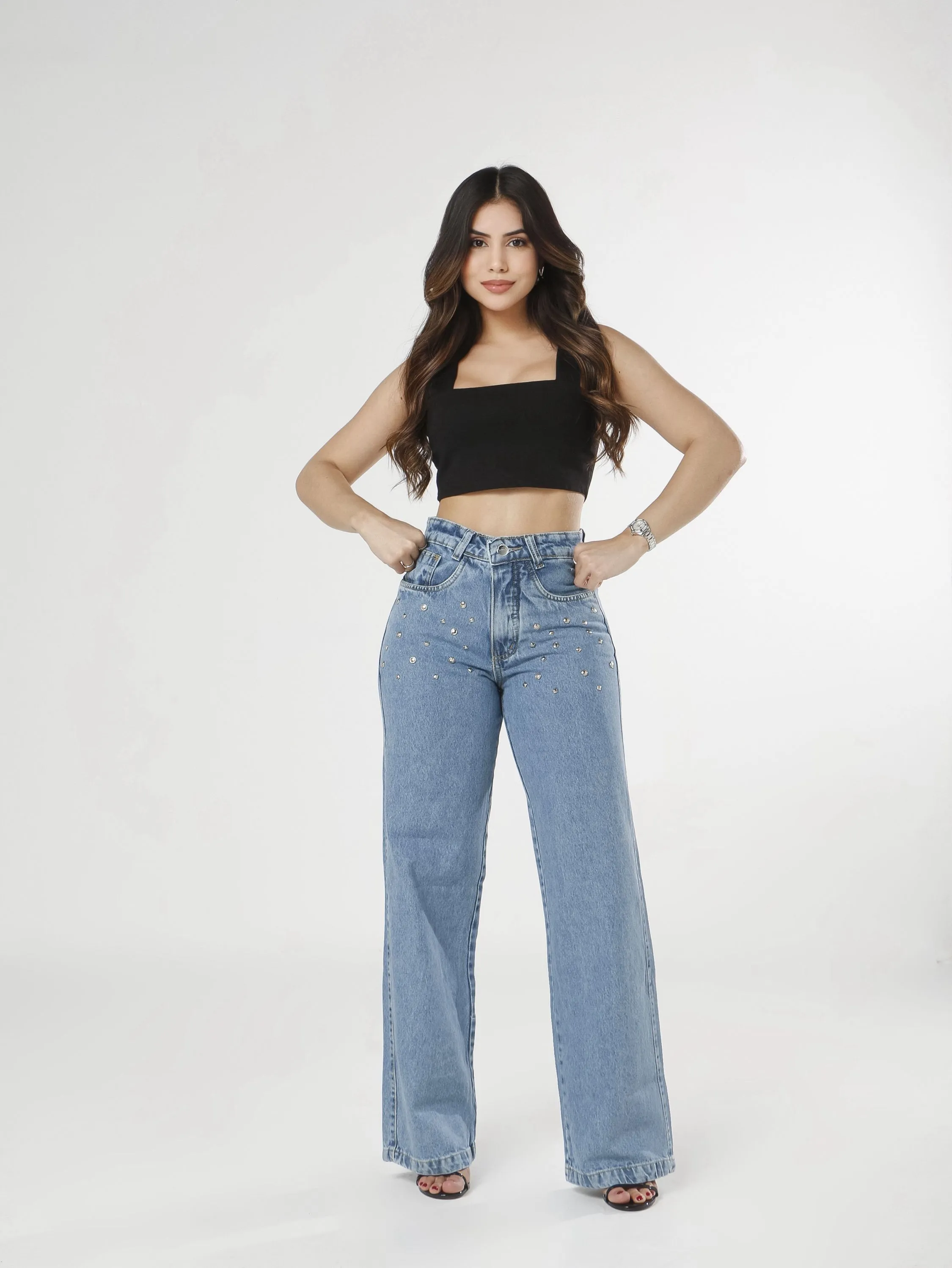 Calça wide leg jeans feminina de strass