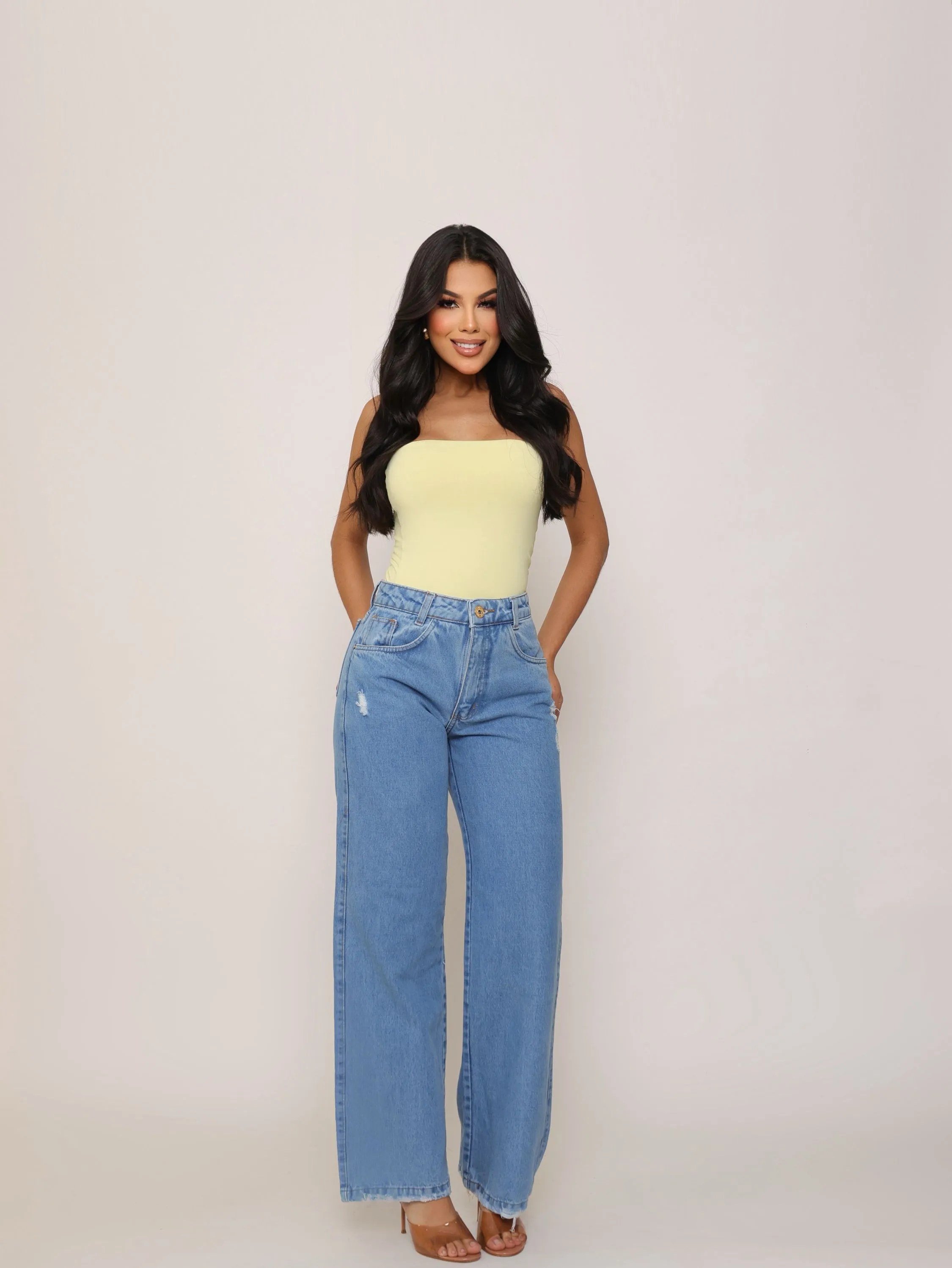 Calça wide leg jeans feminina