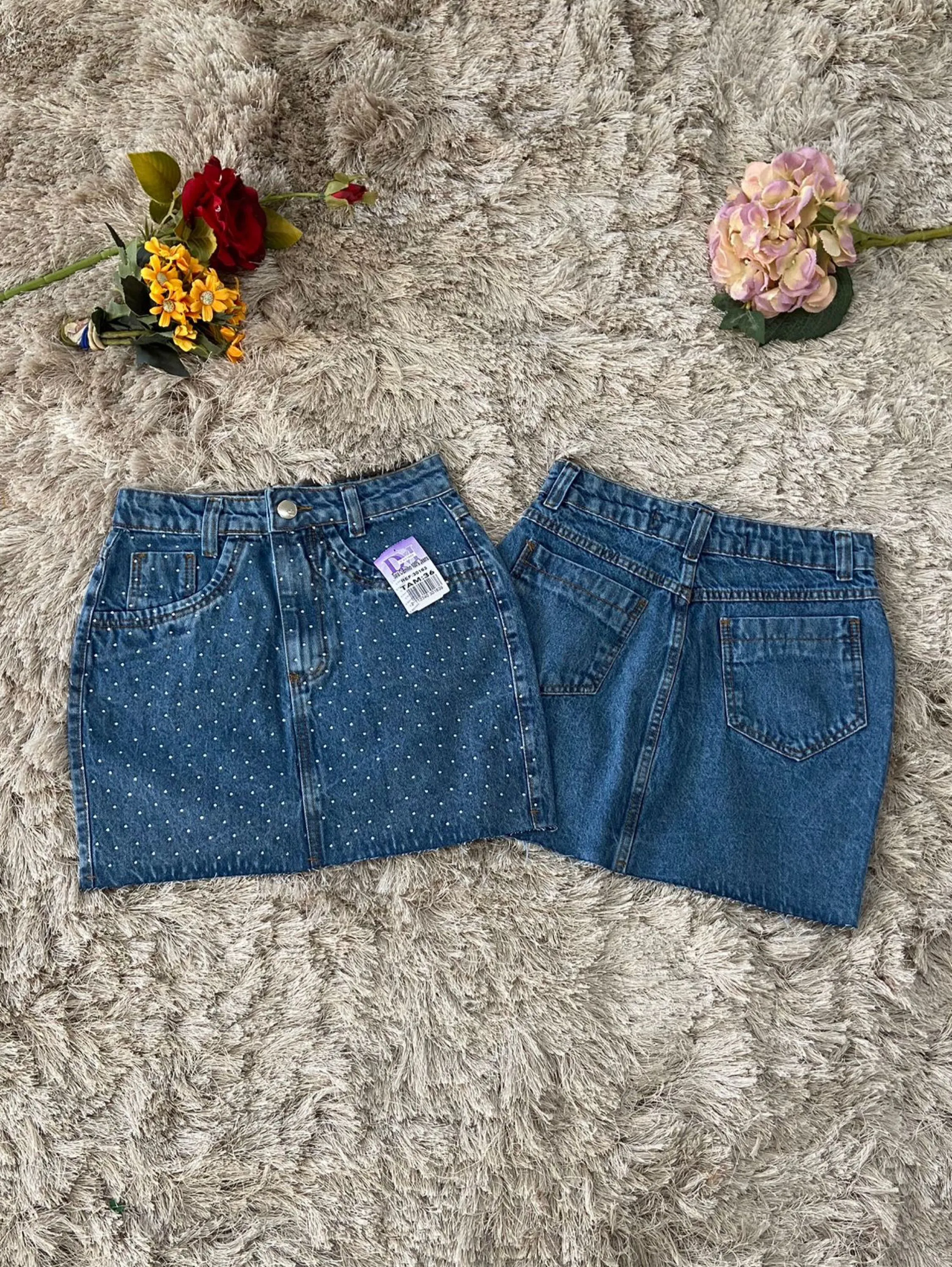 Saia jeans feminina de strass