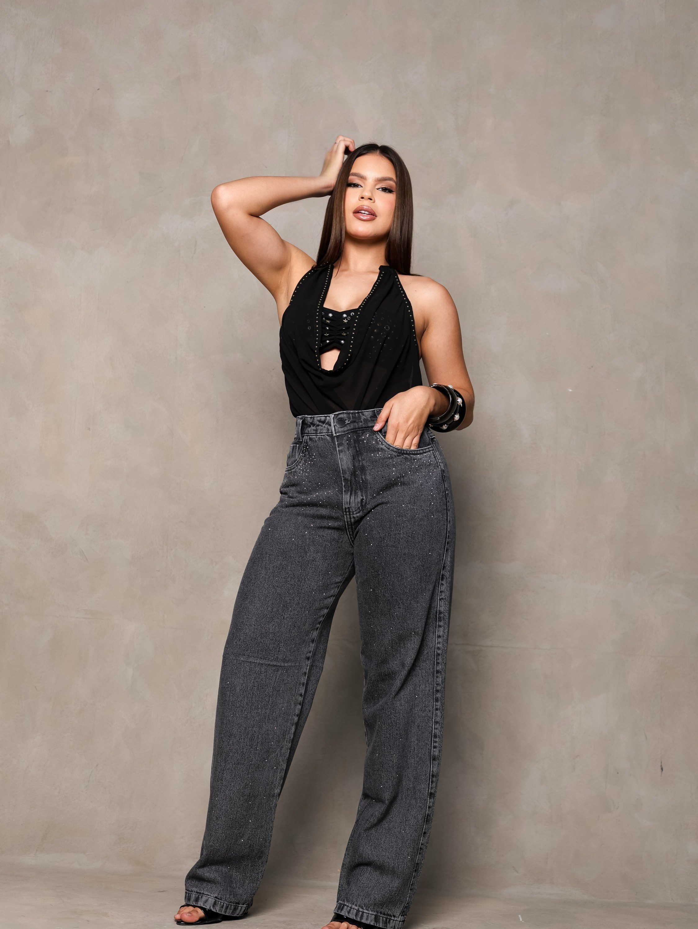 Calça wide leg jeans feminina de strass