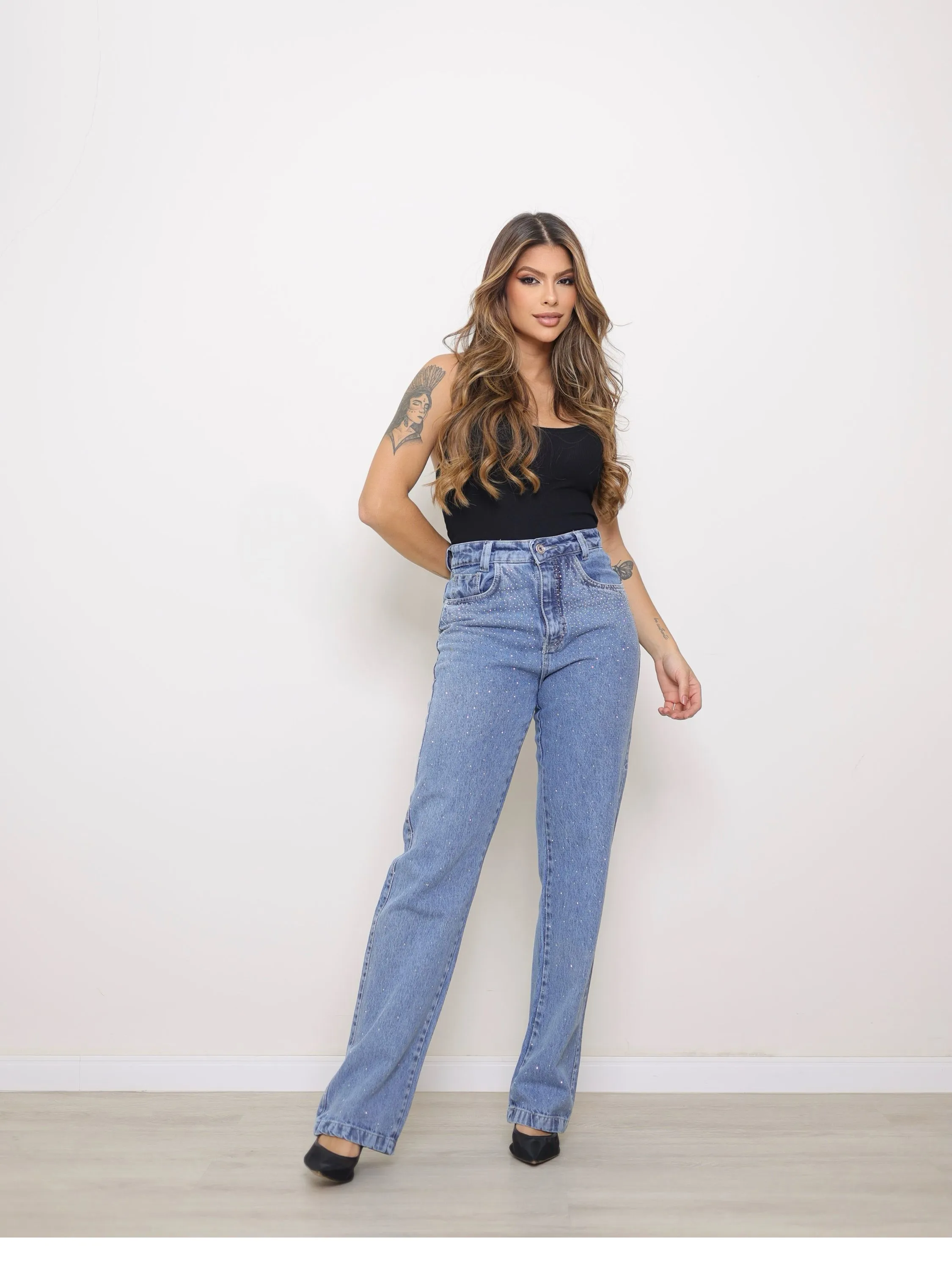 Calça wide leg jeans feminina de strass