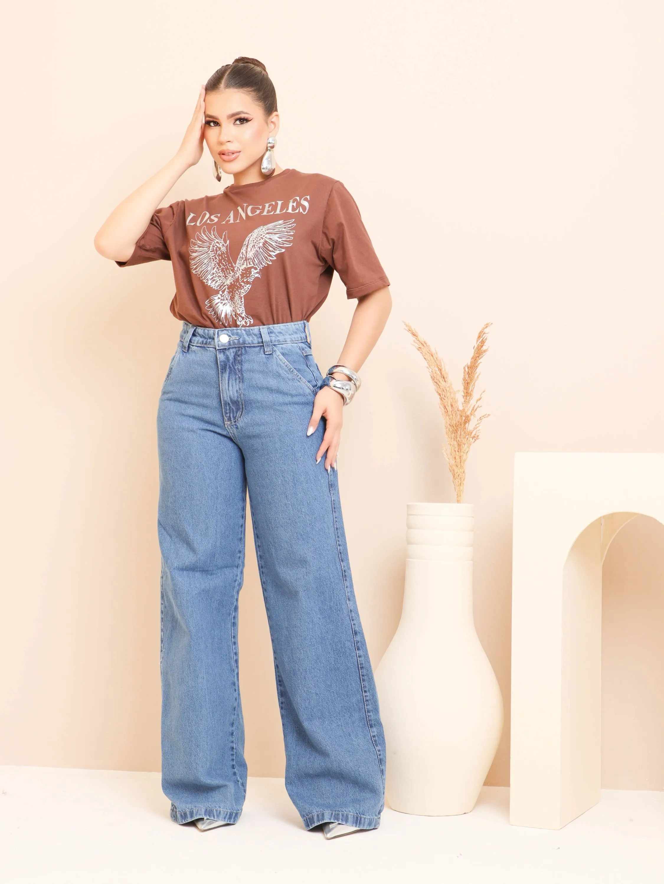 Calça wide leg jeans feminina