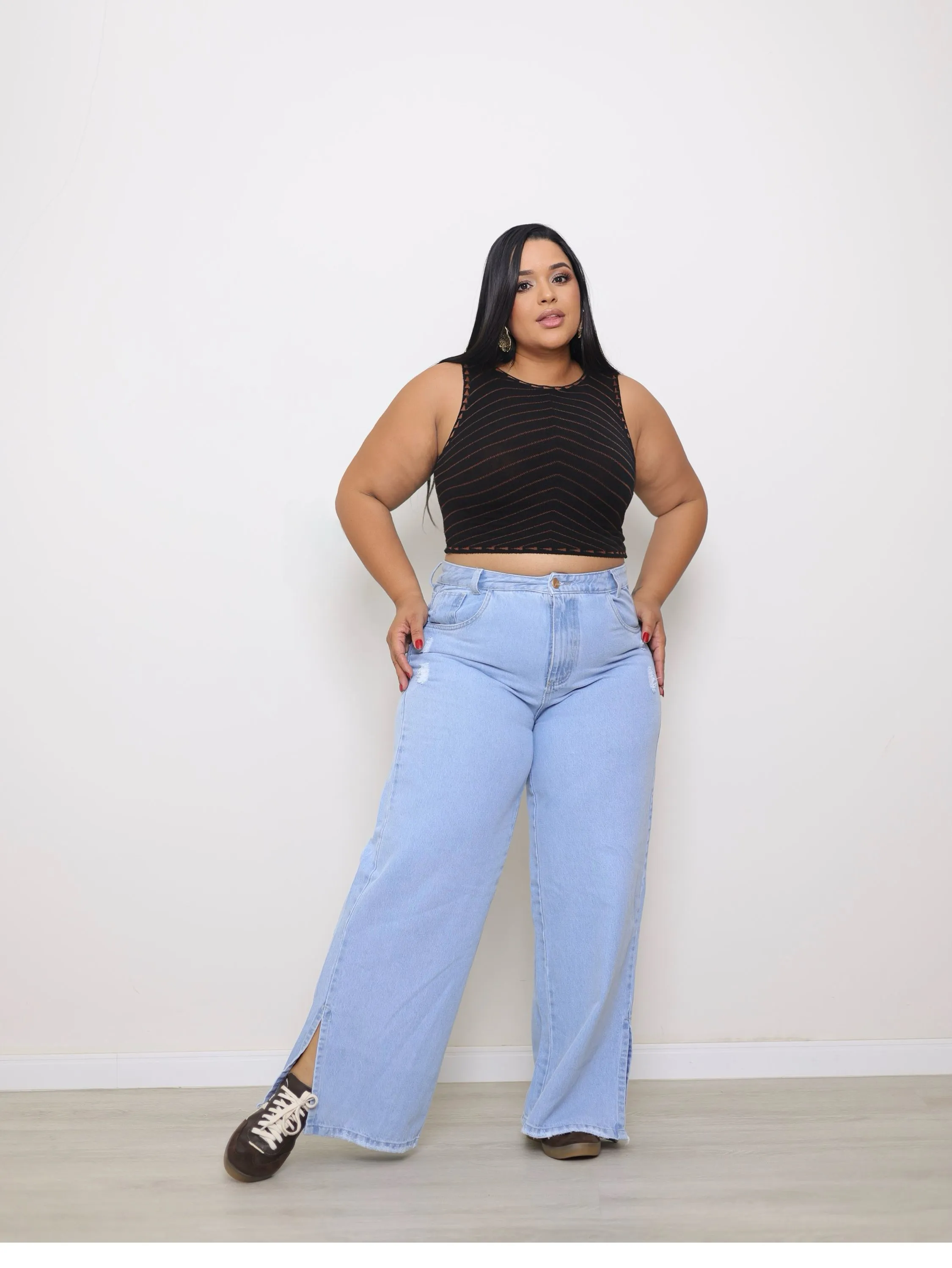 Calça wide leg jeans feminina plus size