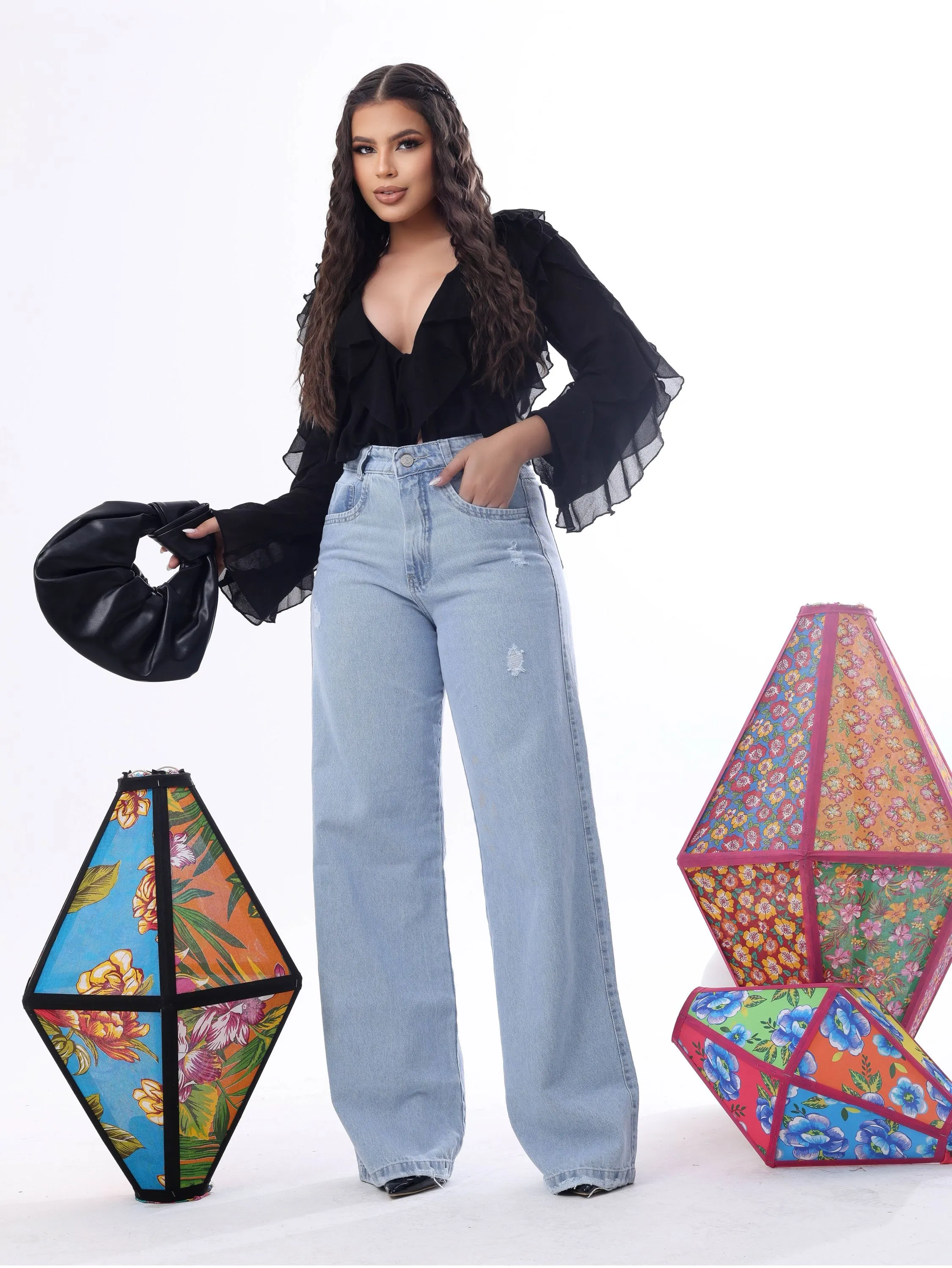 Calça wide leg jeans feminina