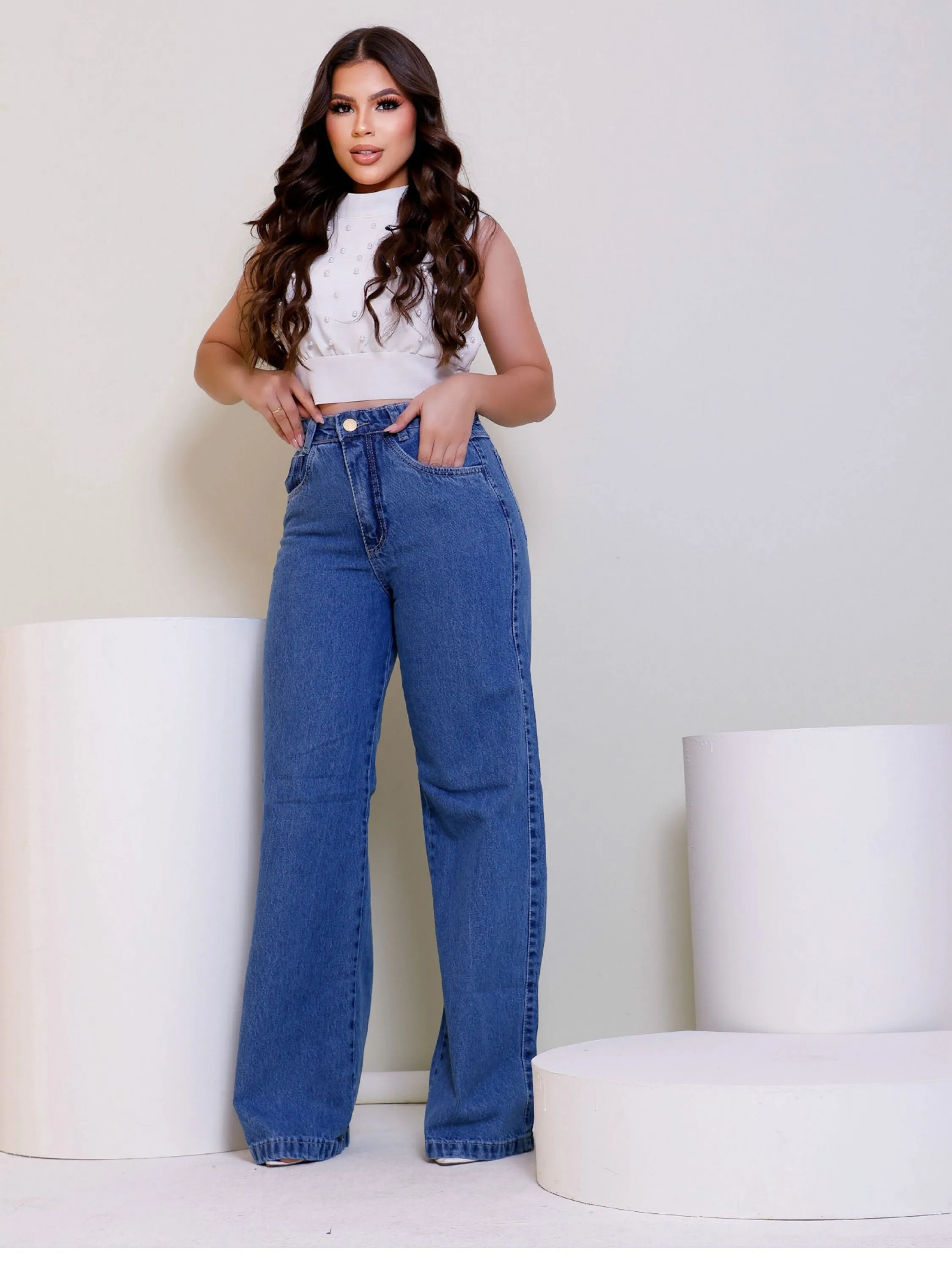 Calça wide leg jeans feminina