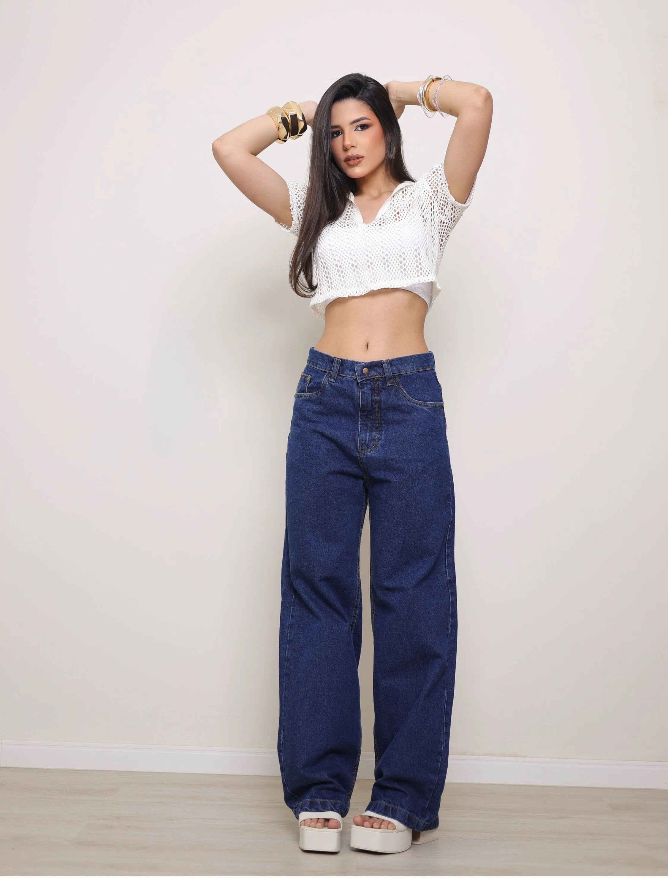 Calça wide leg jeans feminina premium