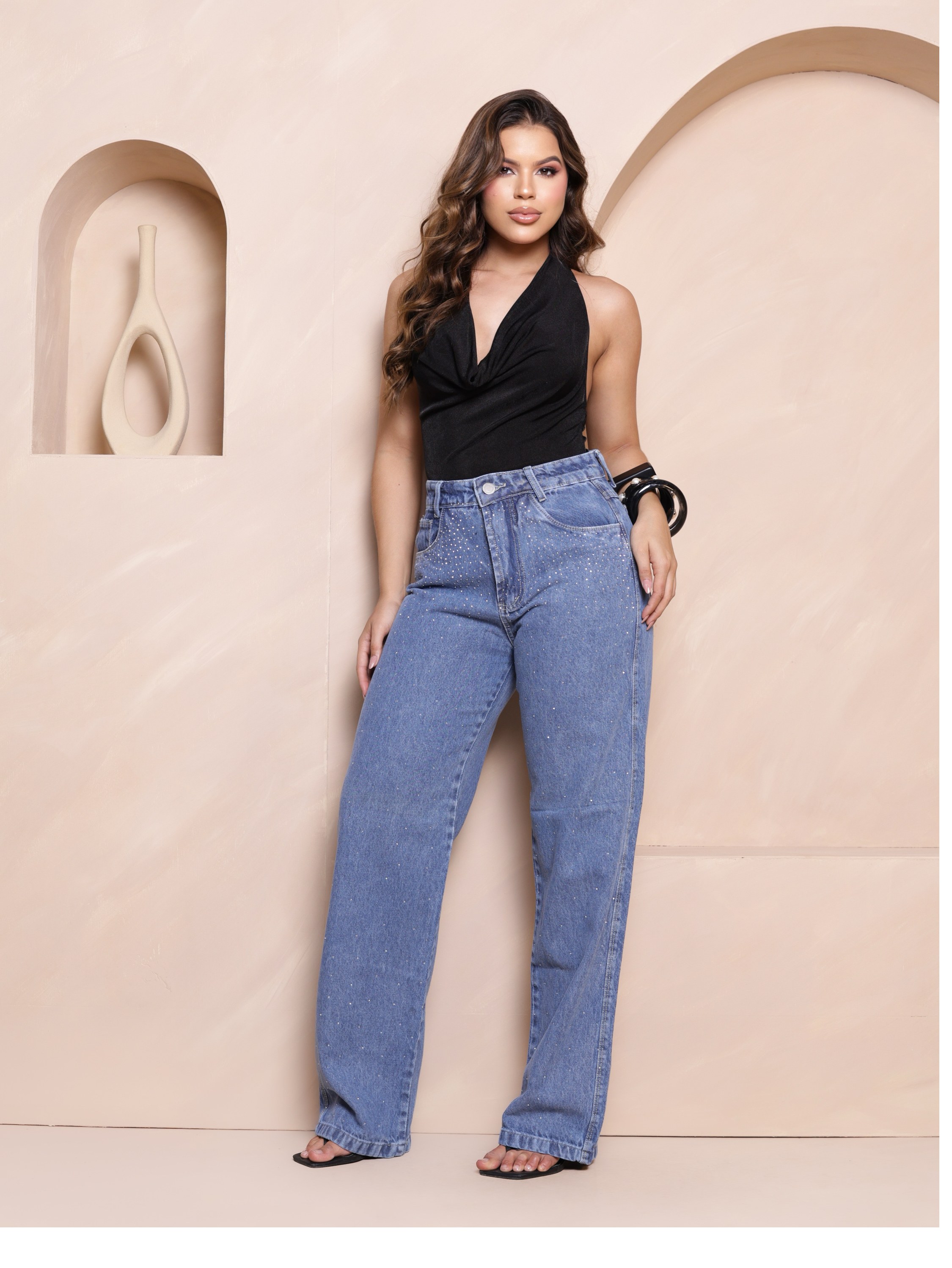 Calça wide leg jeans feminina de strass