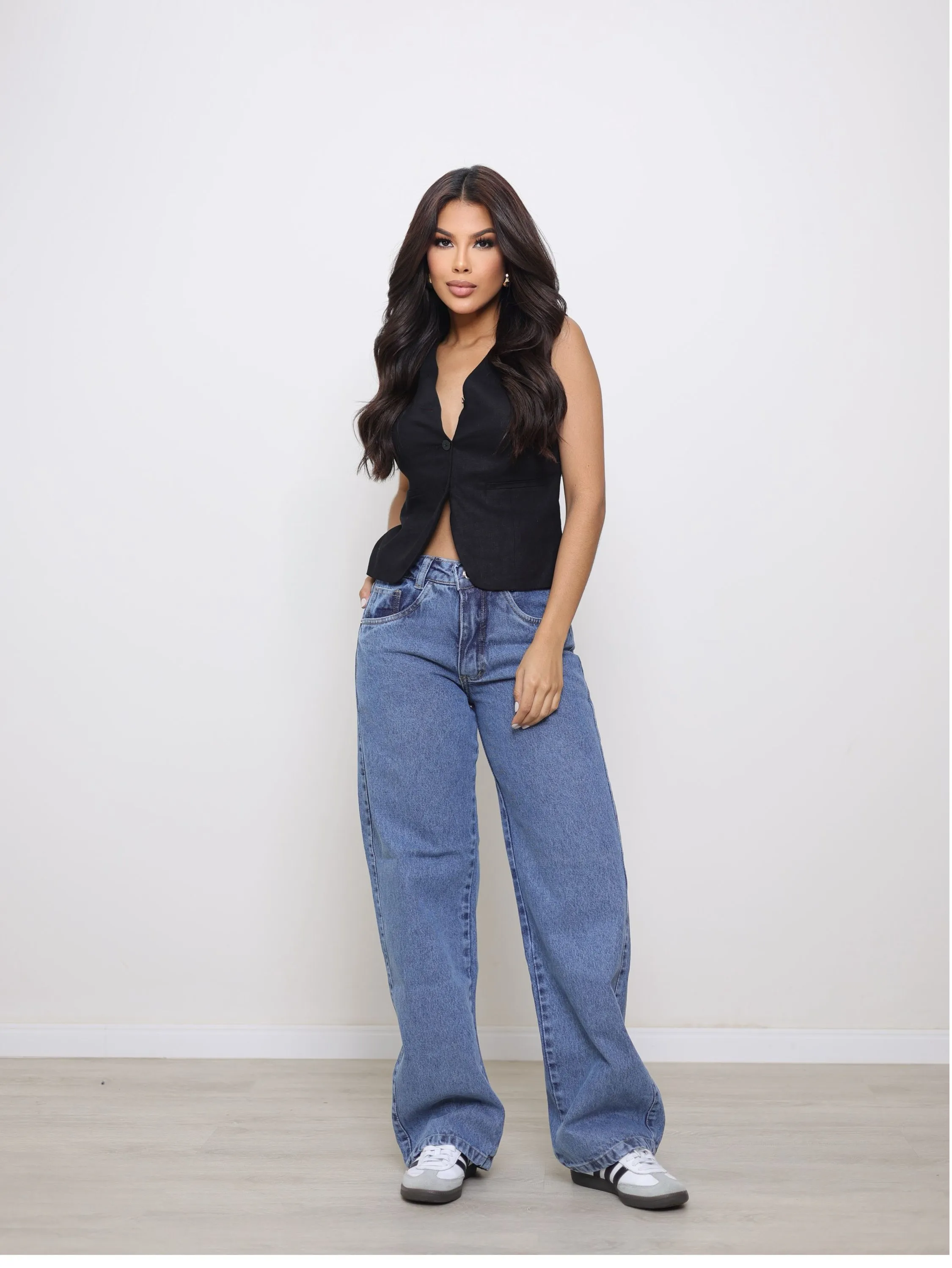 Calça wide leg jeans feminina