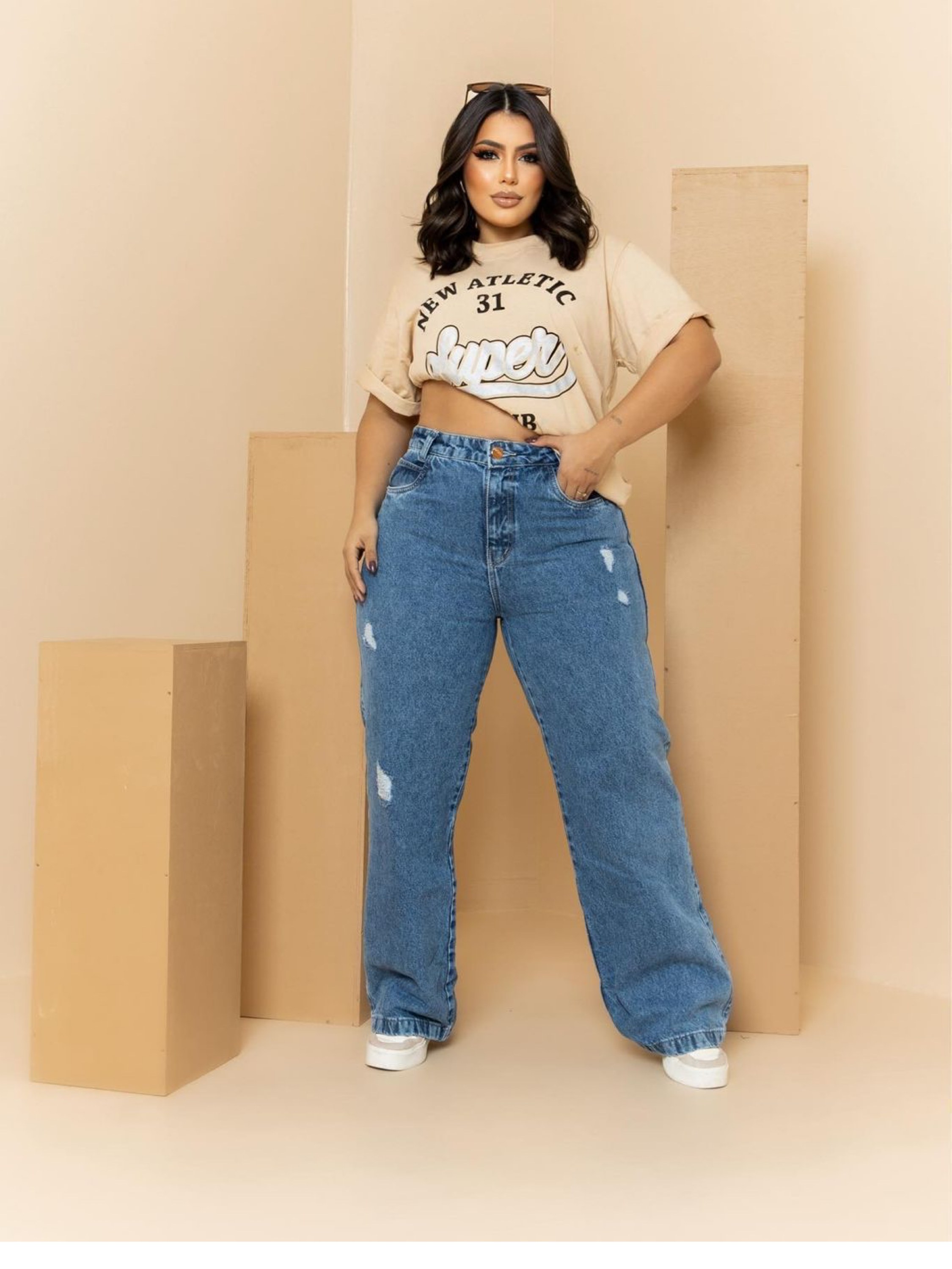 Calça wide leg jeans feminina plus size