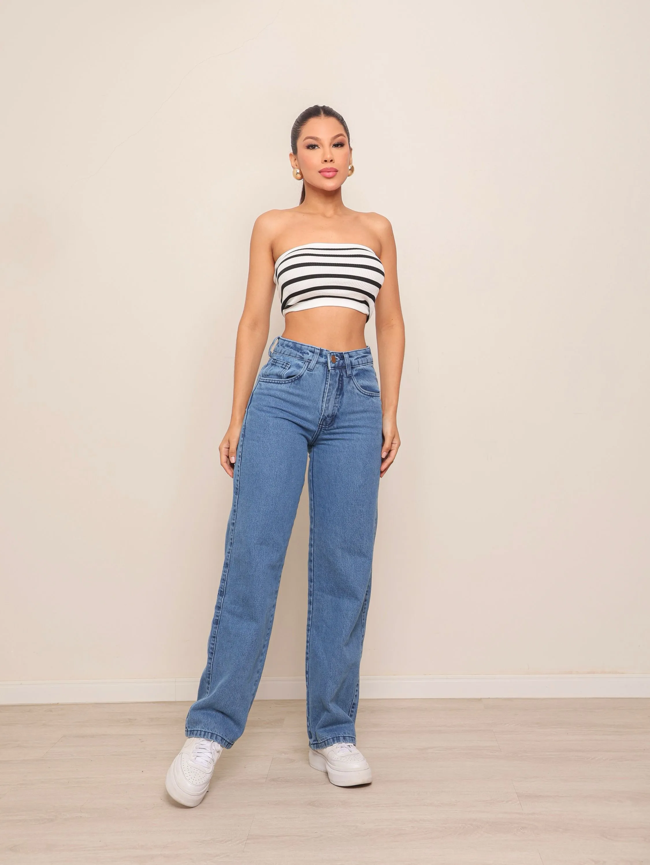 Calça wide leg jeans feminina