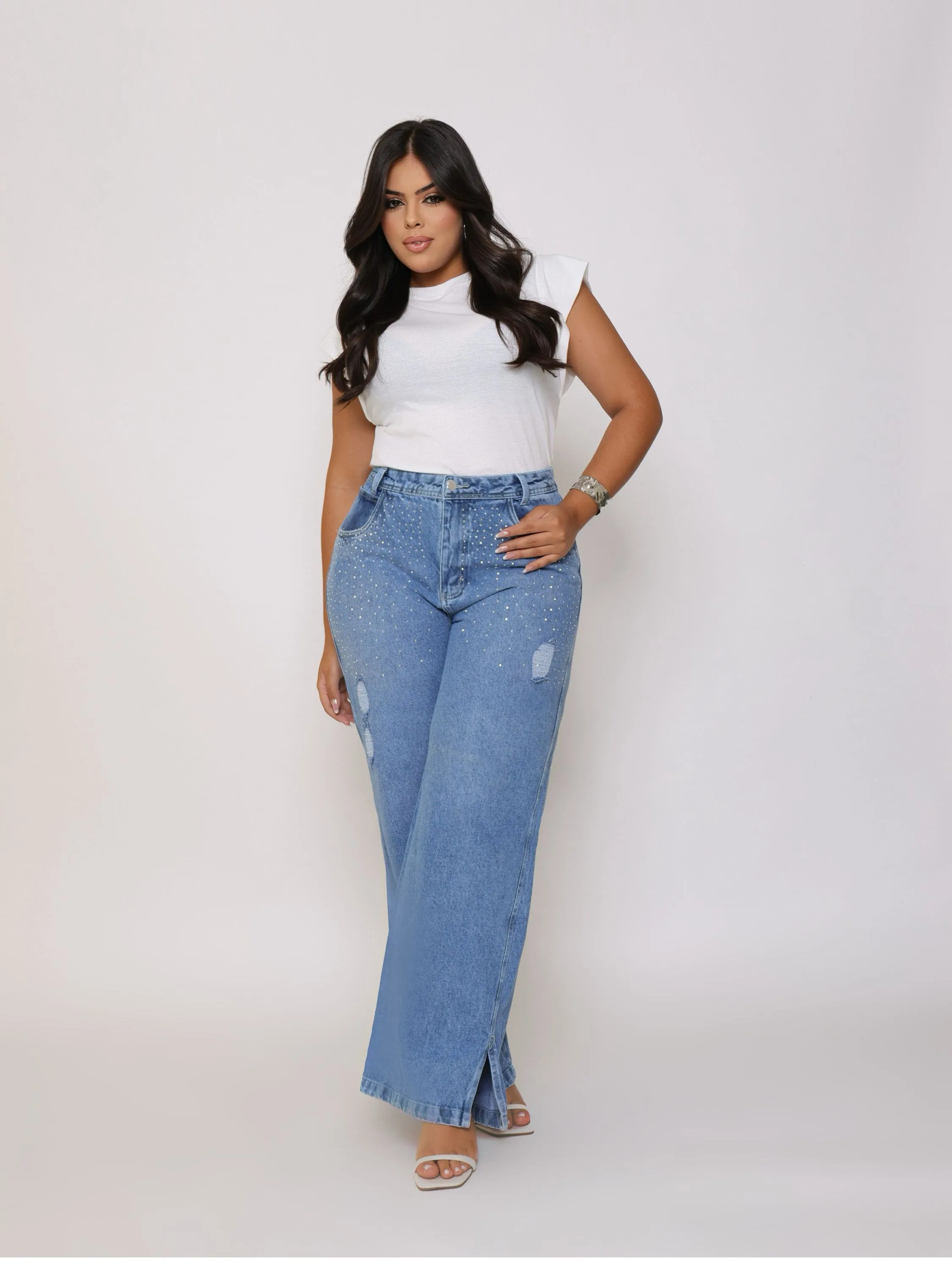 Calça wide leg jeans feminina plus size de strass