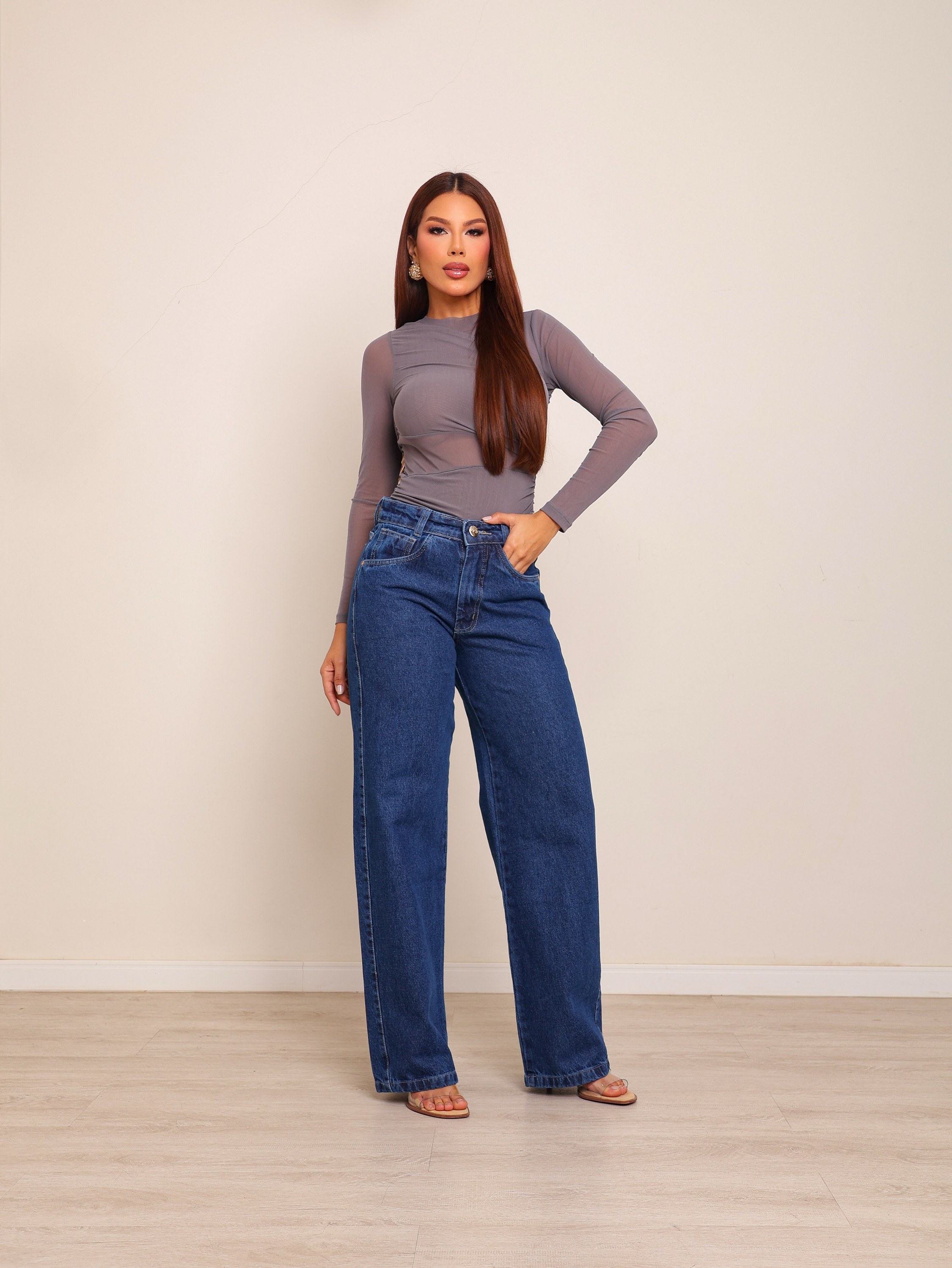 Calça wide leg jeans feminina