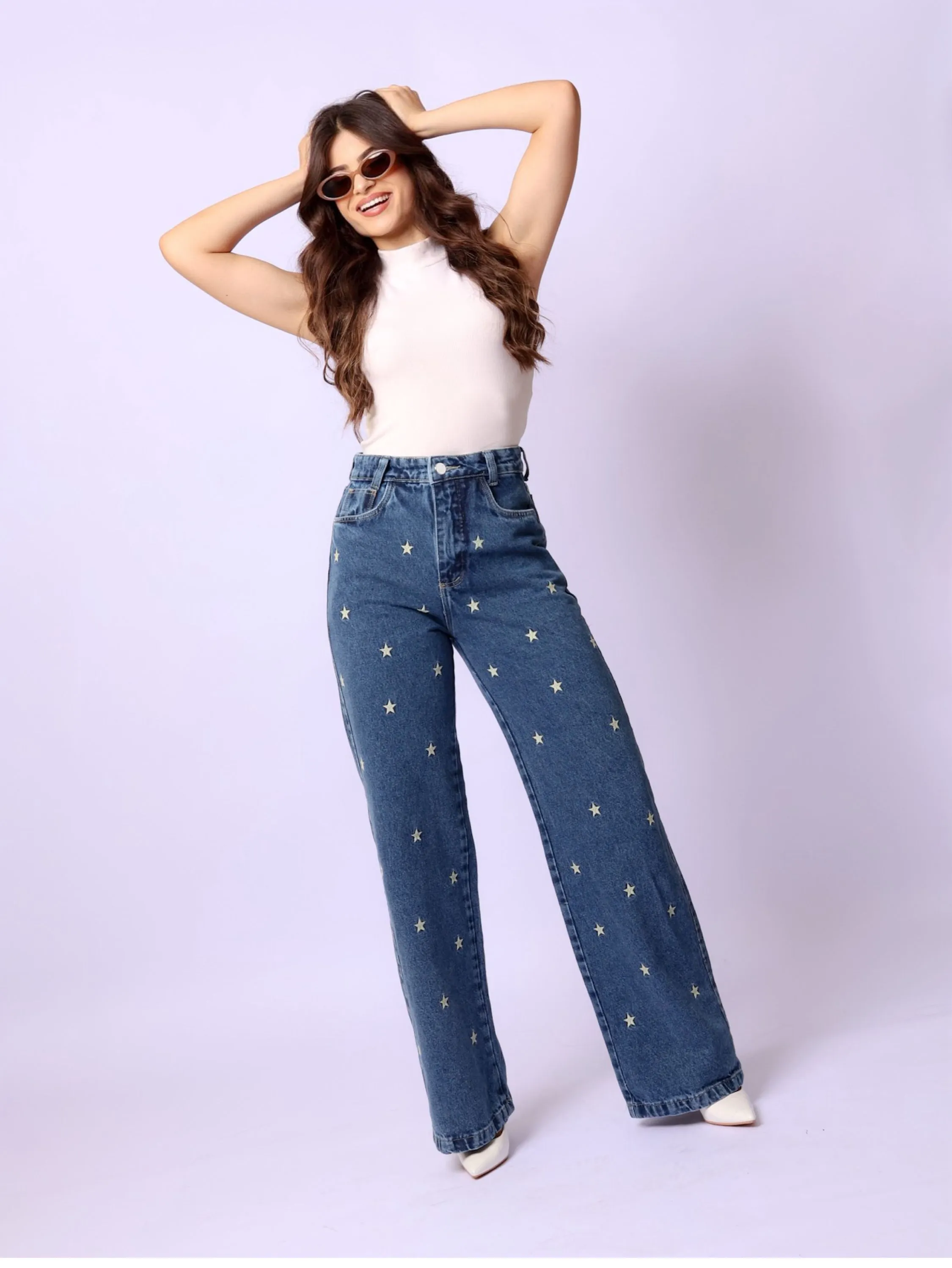 Calça wide leg jeans feminina bordada