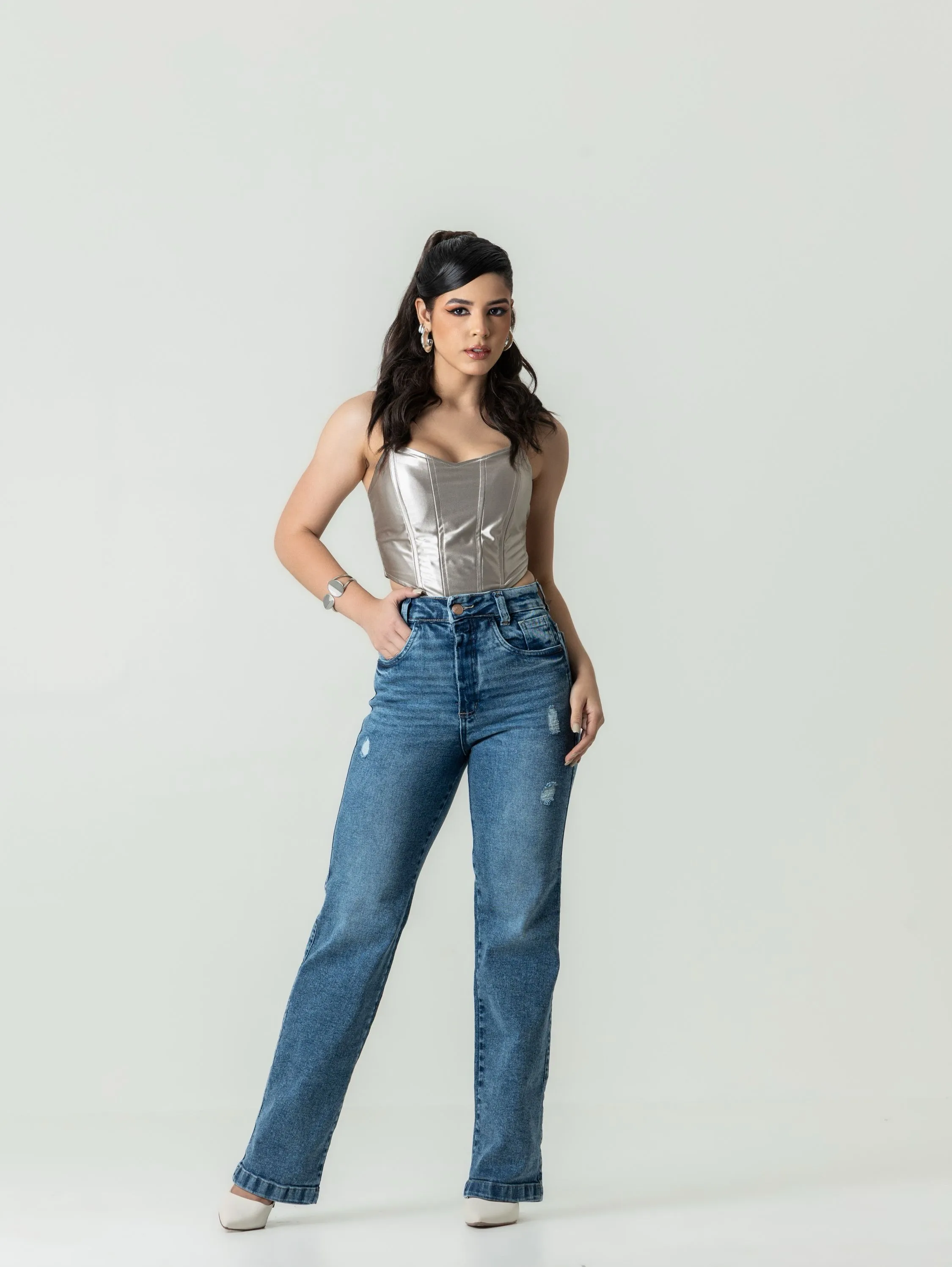 Calça wide leg jeans feminina com lycra