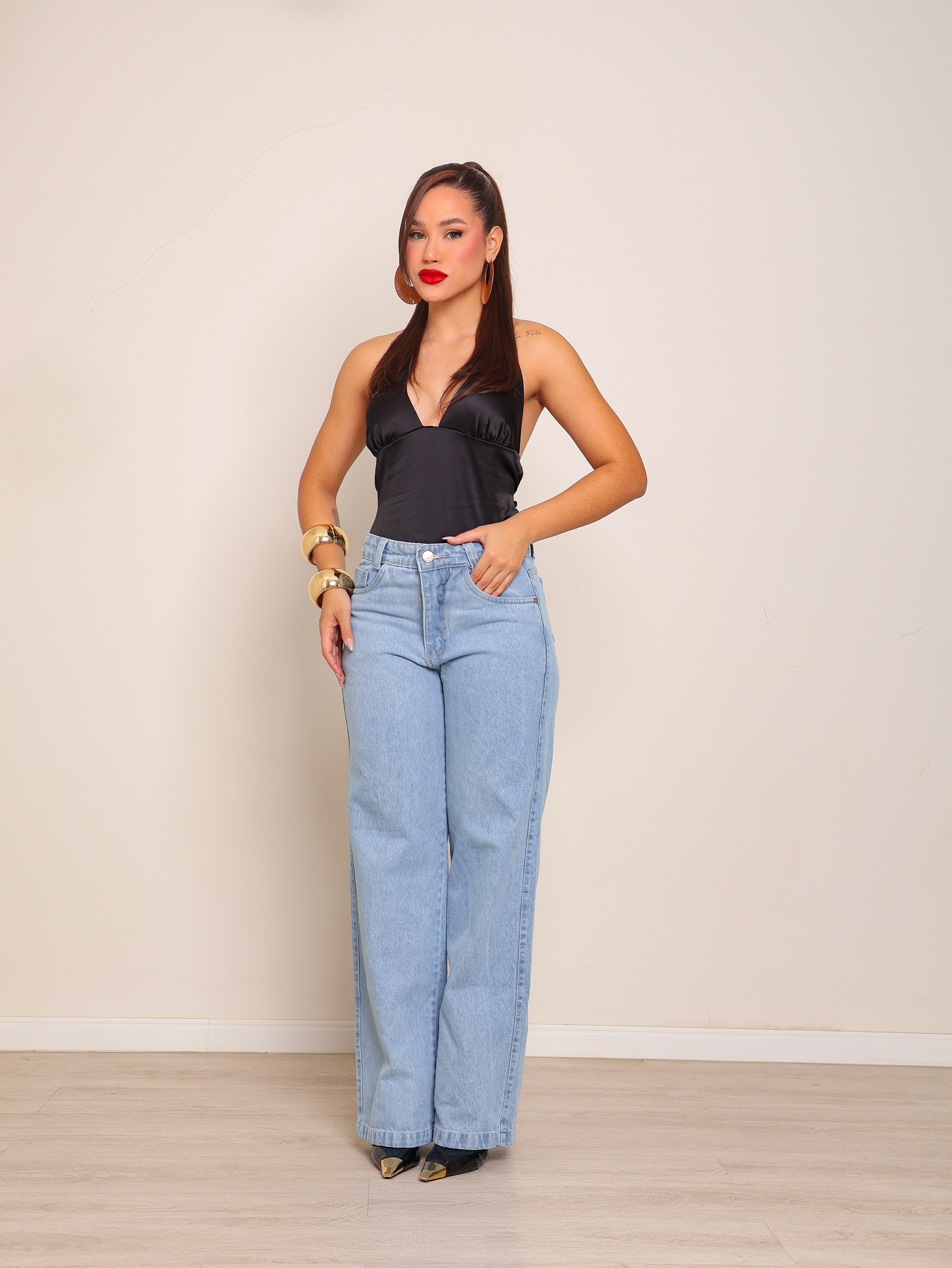 Calça wide leg jeans feminina